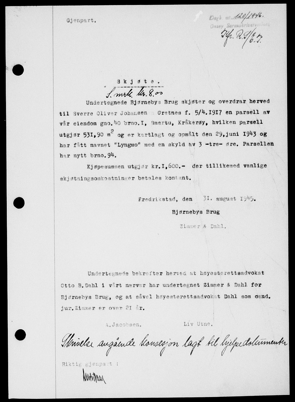 Onsøy sorenskriveri, SAO/A-10474/G/Ga/Gab/L0015: Mortgage book no. II A-15, 1945-1946, Diary no: : 120/1946