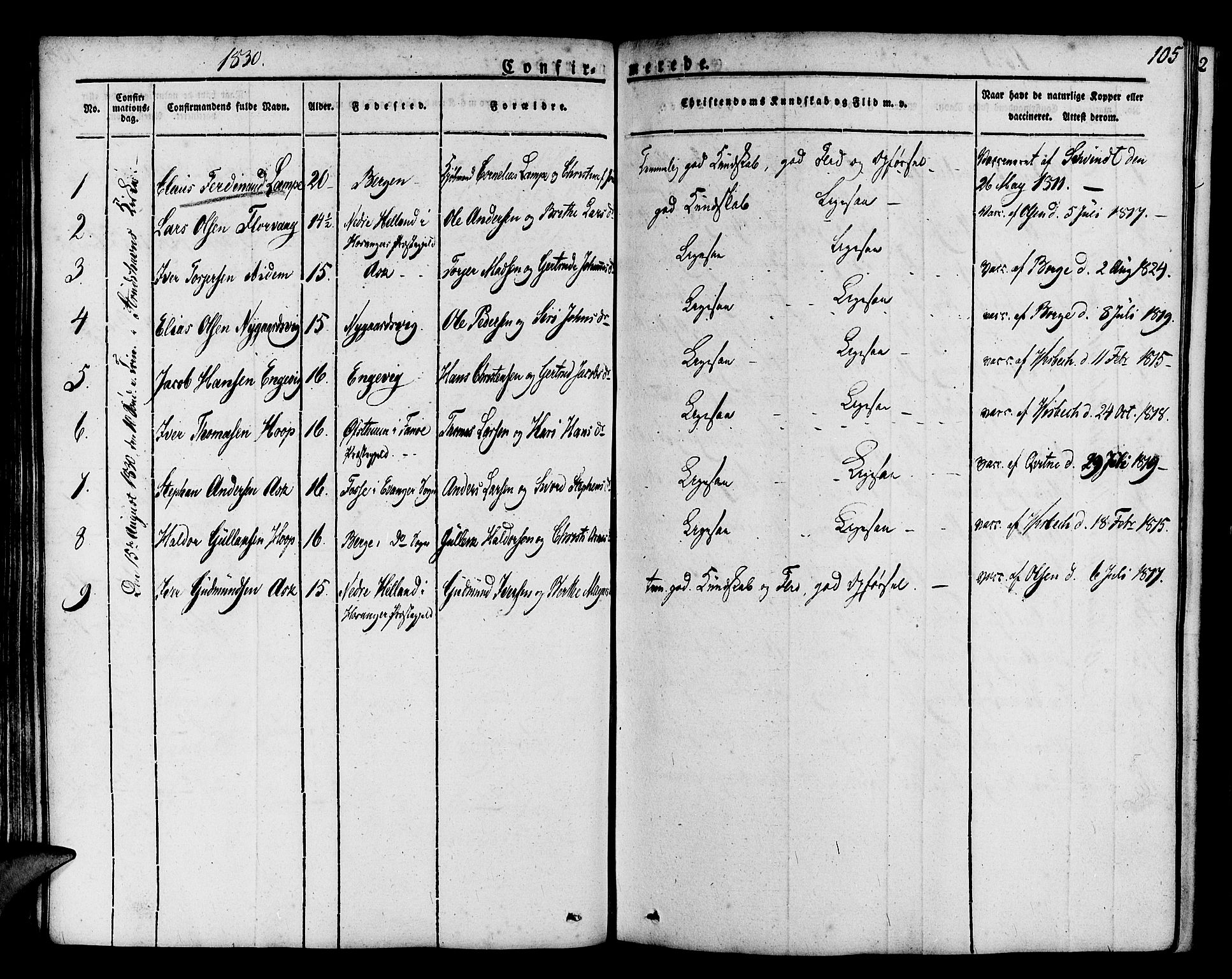 Askøy Sokneprestembete, SAB/A-74101/H/Ha/Haa/Haaa/L0004: Parish register (official) no. A 4, 1825-1845, p. 105