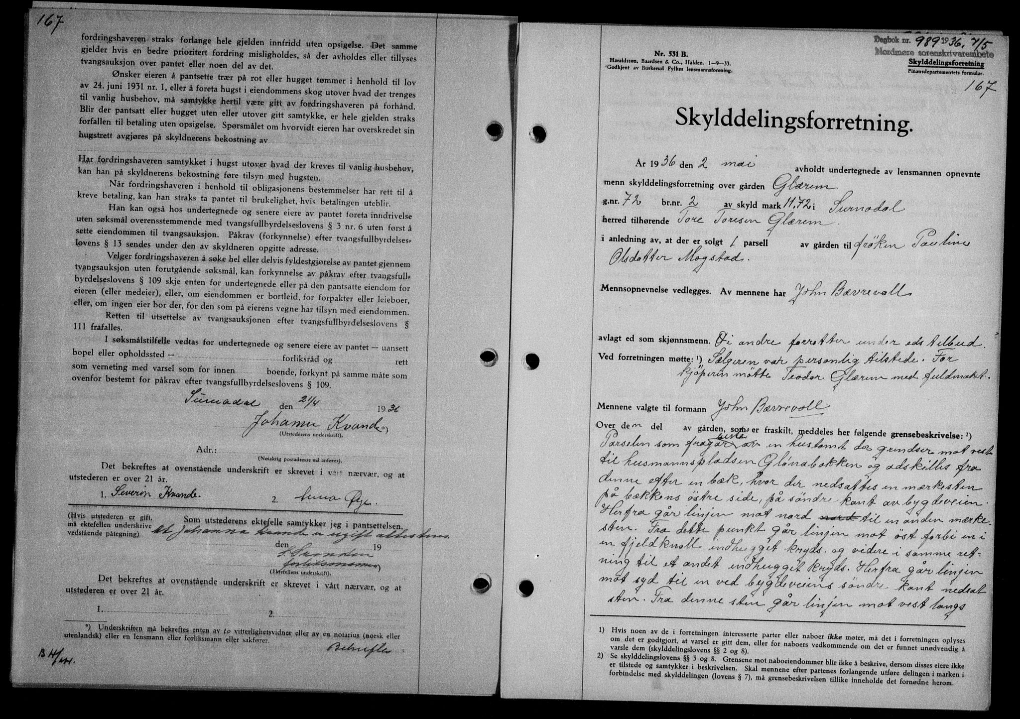 Nordmøre sorenskriveri, AV/SAT-A-4132/1/2/2Ca/L0088: Mortgage book no. 78, 1936-1936, Diary no: : 989/1936