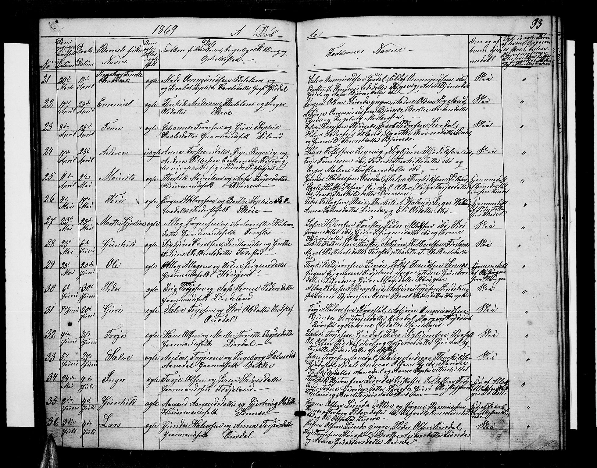 Sirdal sokneprestkontor, AV/SAK-1111-0036/F/Fb/Fbb/L0002: Parish register (copy) no. B 2, 1848-1878, p. 93