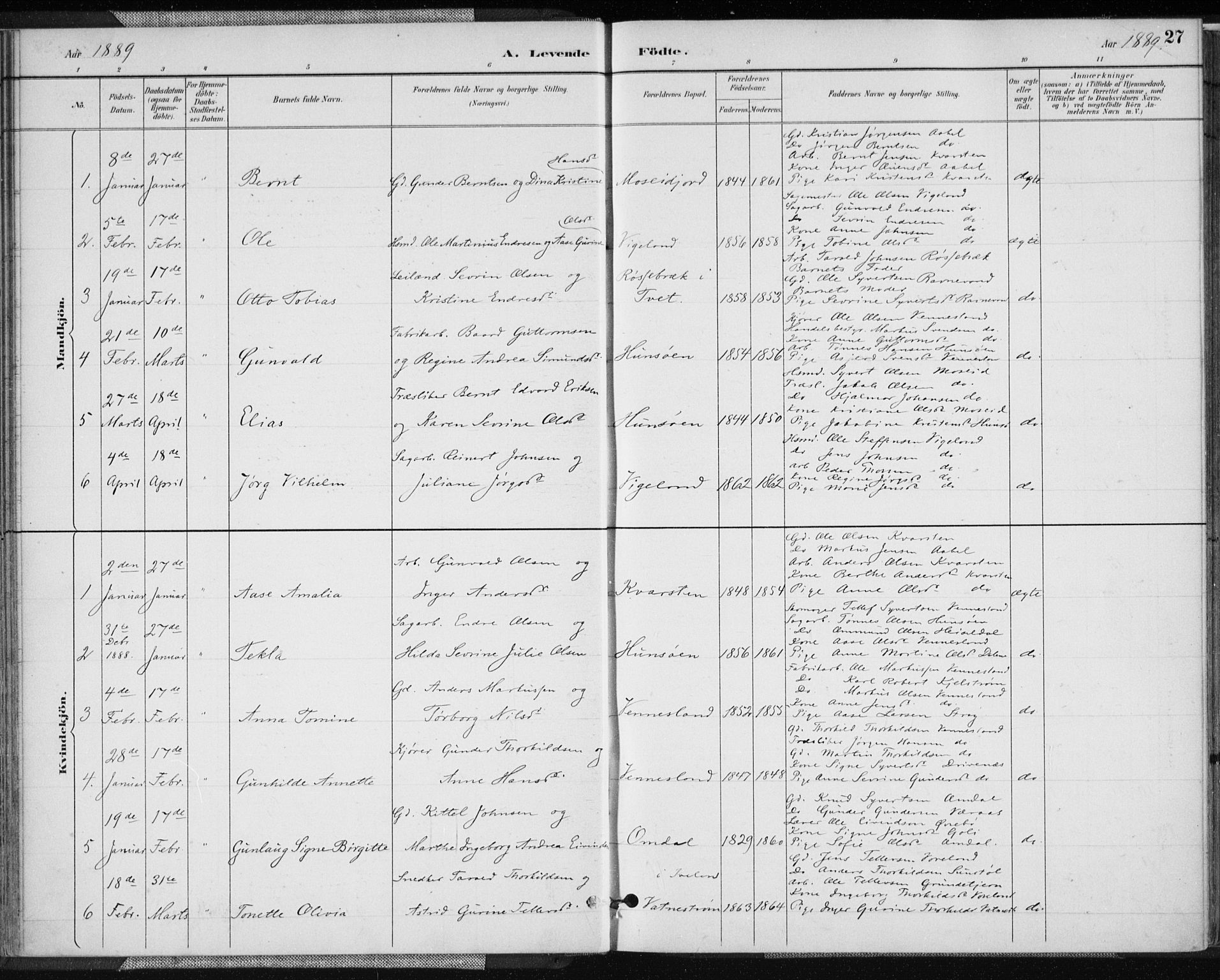 Vennesla sokneprestkontor, AV/SAK-1111-0045/Fa/Fab/L0004: Parish register (official) no. A 4, 1884-1896, p. 27