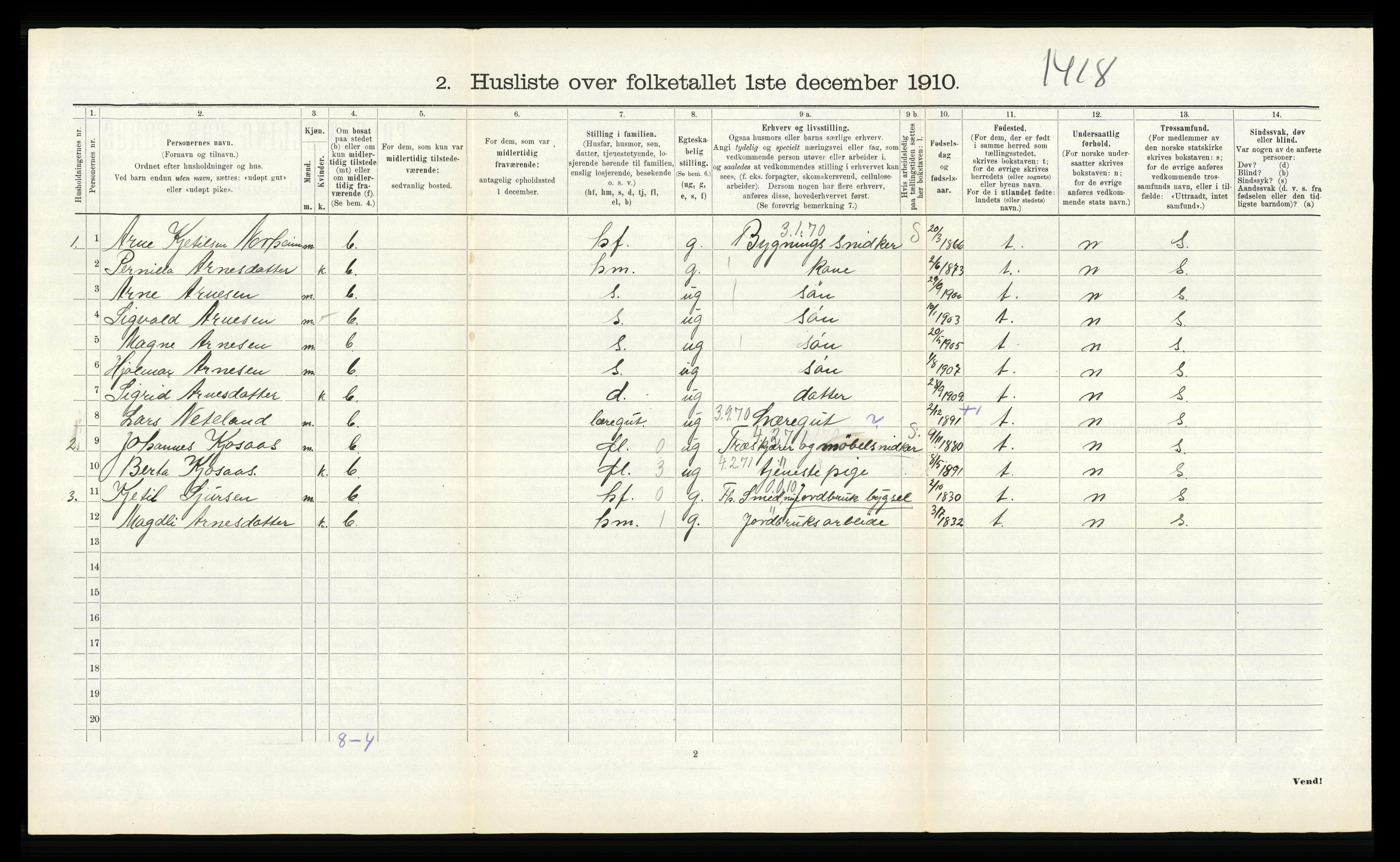 RA, 1910 census for Kvam, 1910, p. 544