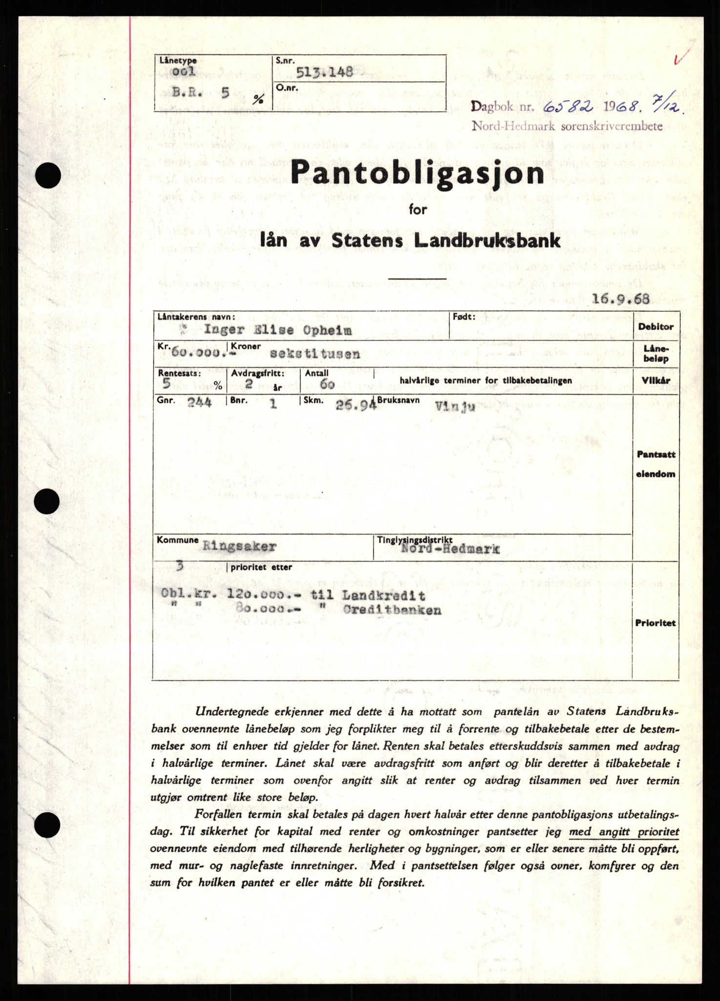 Nord-Hedmark sorenskriveri, SAH/TING-012/H/Hb/Hbf/L0077: Mortgage book no. B77, 1968-1969, Diary no: : 6582/1968