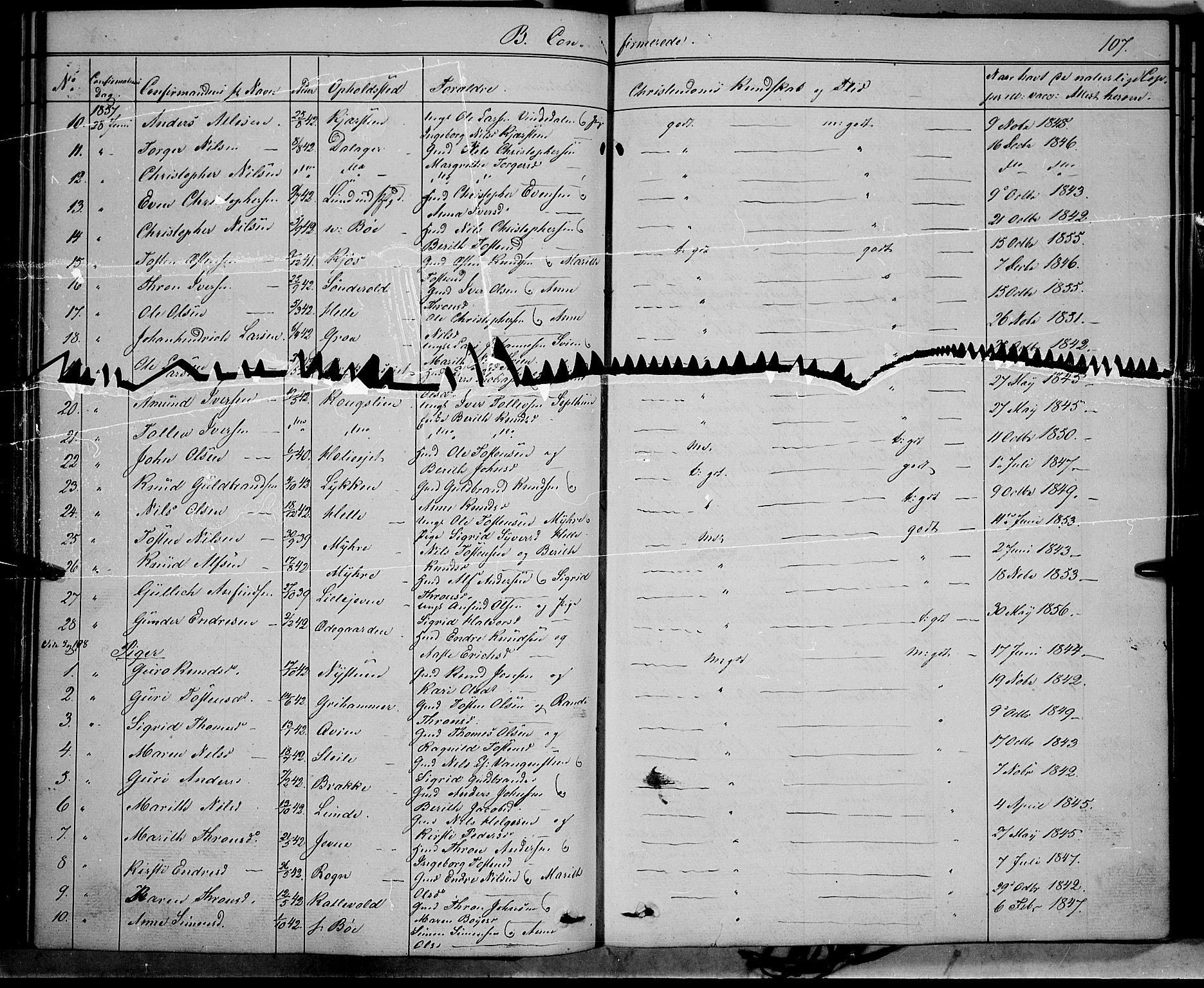 Vang prestekontor, Valdres, SAH/PREST-140/H/Ha/L0006: Parish register (official) no. 6, 1846-1864, p. 107