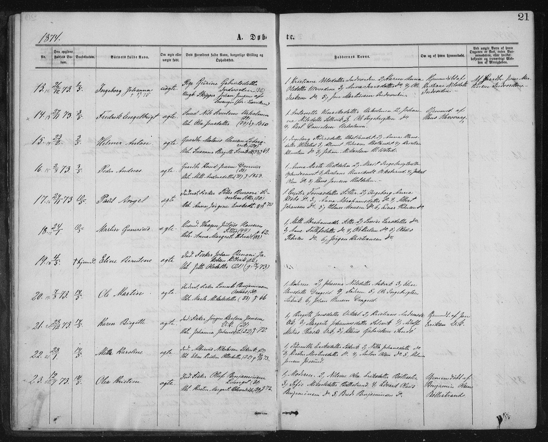 Ministerialprotokoller, klokkerbøker og fødselsregistre - Nord-Trøndelag, SAT/A-1458/771/L0596: Parish register (official) no. 771A03, 1870-1884, p. 21
