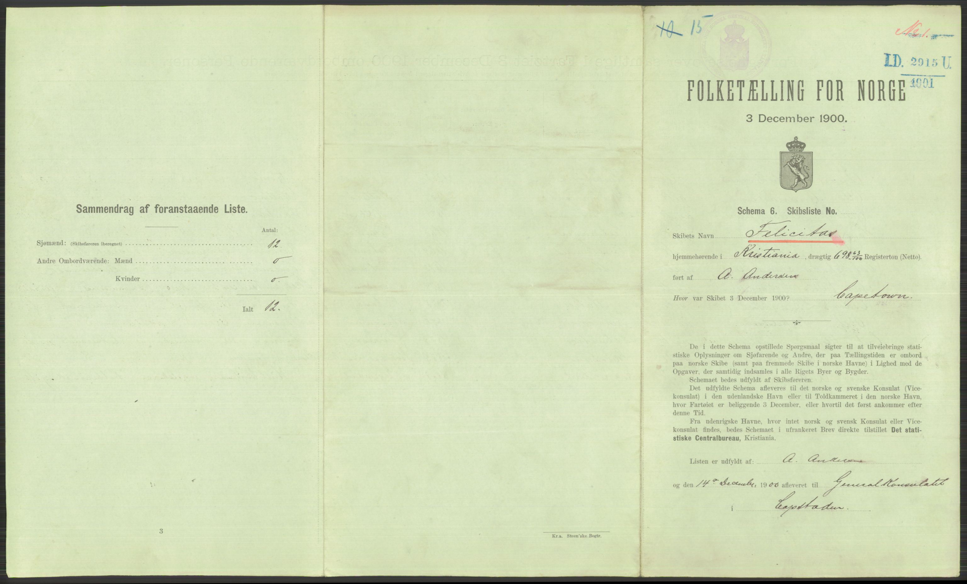 RA, 1900 Census - ship lists from ships in Norwegian harbours, harbours abroad and at sea, 1900, p. 5093