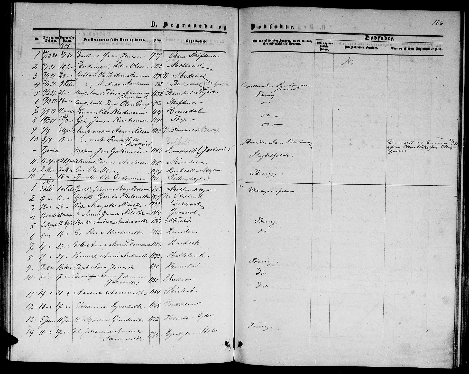 Hommedal sokneprestkontor, SAK/1111-0023/F/Fb/Fbb/L0006: Parish register (copy) no. B 6, 1869-1884, p. 186