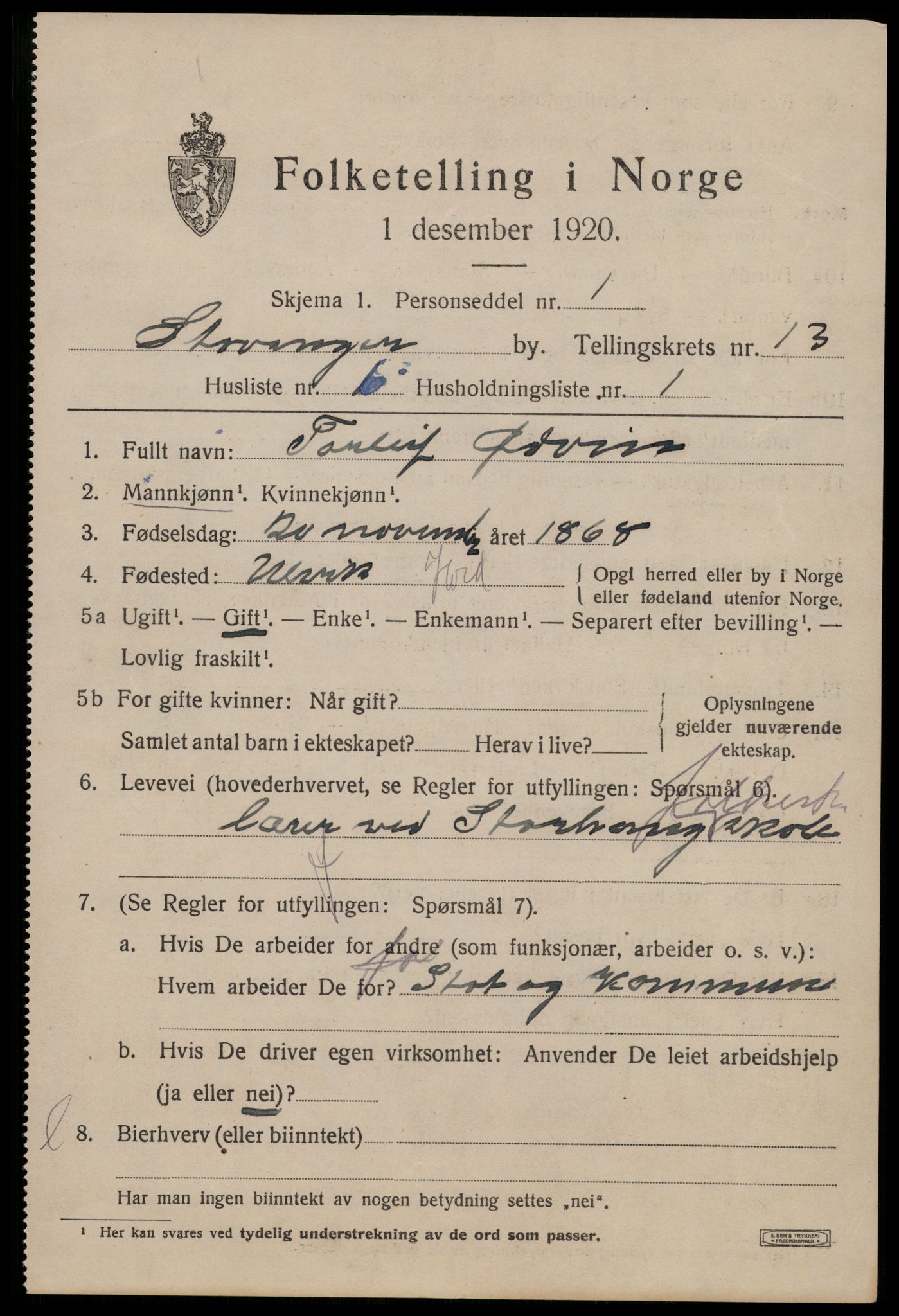 SAST, 1920 census for Stavanger, 1920, p. 57758