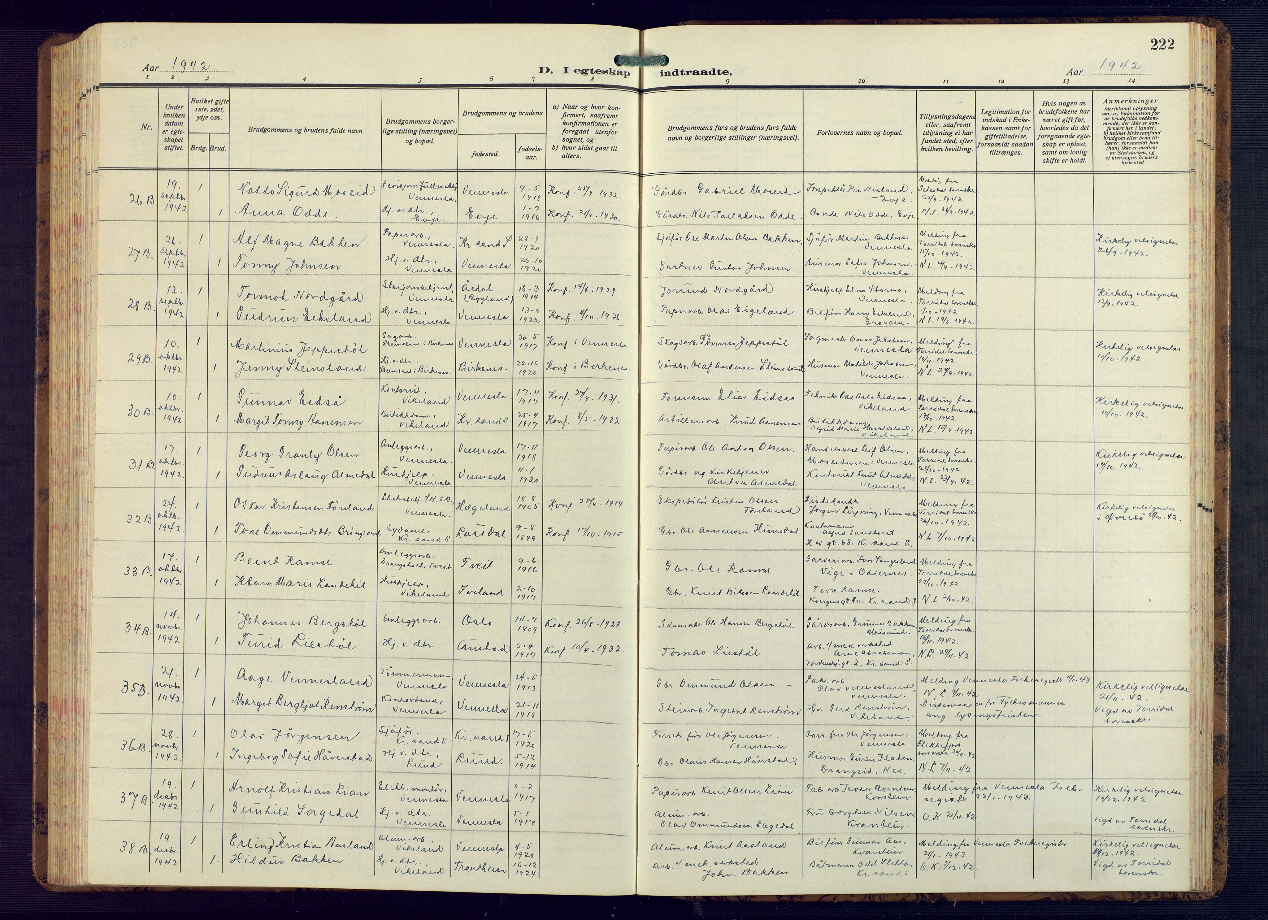 Vennesla sokneprestkontor, SAK/1111-0045/Fb/Fbb/L0008: Parish register (copy) no. B 8, 1934-1947, p. 222