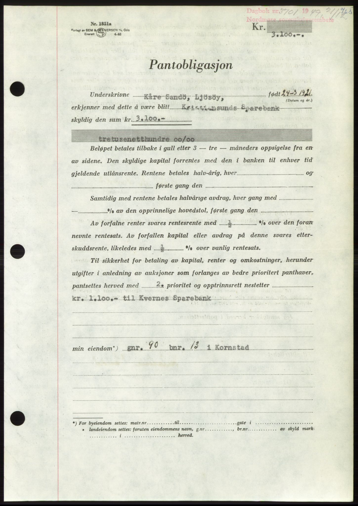 Nordmøre sorenskriveri, AV/SAT-A-4132/1/2/2Ca: Mortgage book no. B103, 1949-1950, Diary no: : 3701/1949