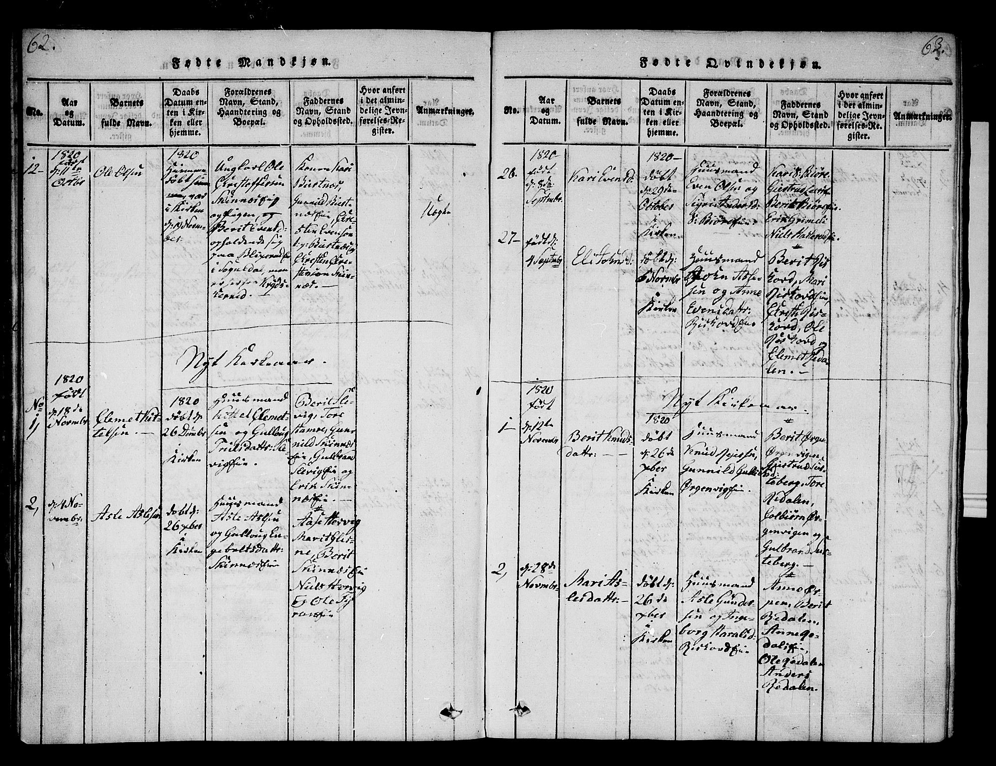 Krødsherad kirkebøker, AV/SAKO-A-19/F/Fa/L0001: Parish register (official) no. 1, 1815-1829, p. 62-63