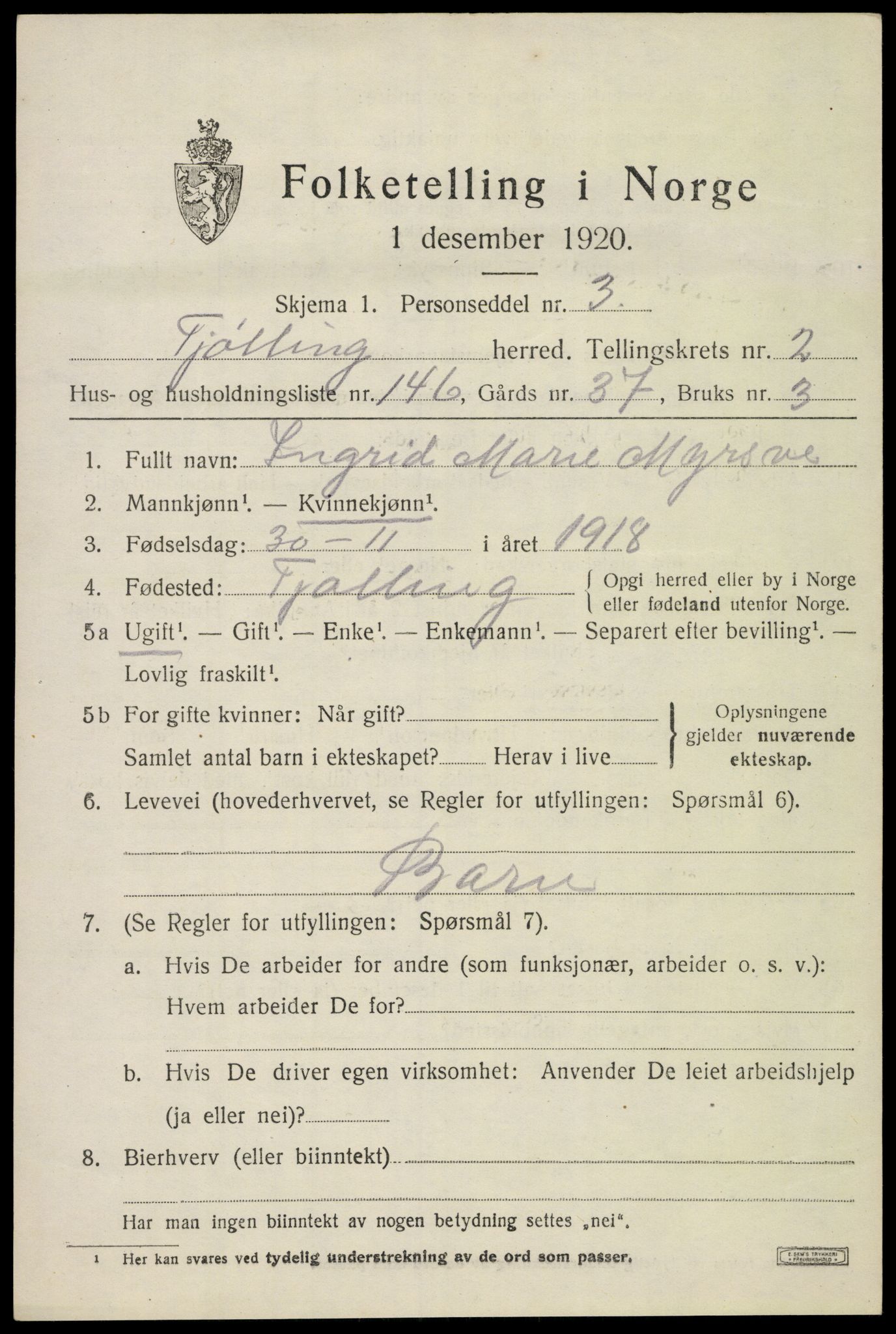 SAKO, 1920 census for Tjølling, 1920, p. 6925