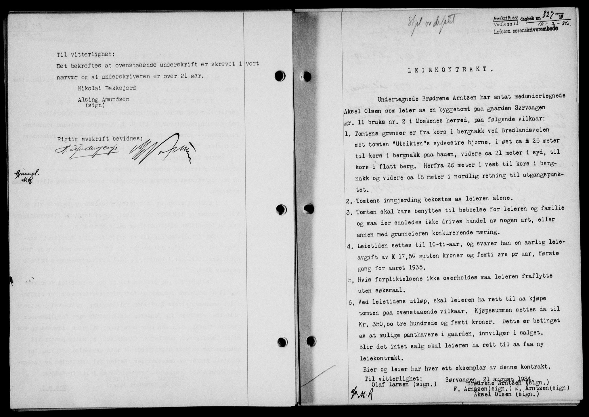 Lofoten sorenskriveri, SAT/A-0017/1/2/2C/L0033b: Mortgage book no. 33b, 1936-1936, Diary no: : 327/1936