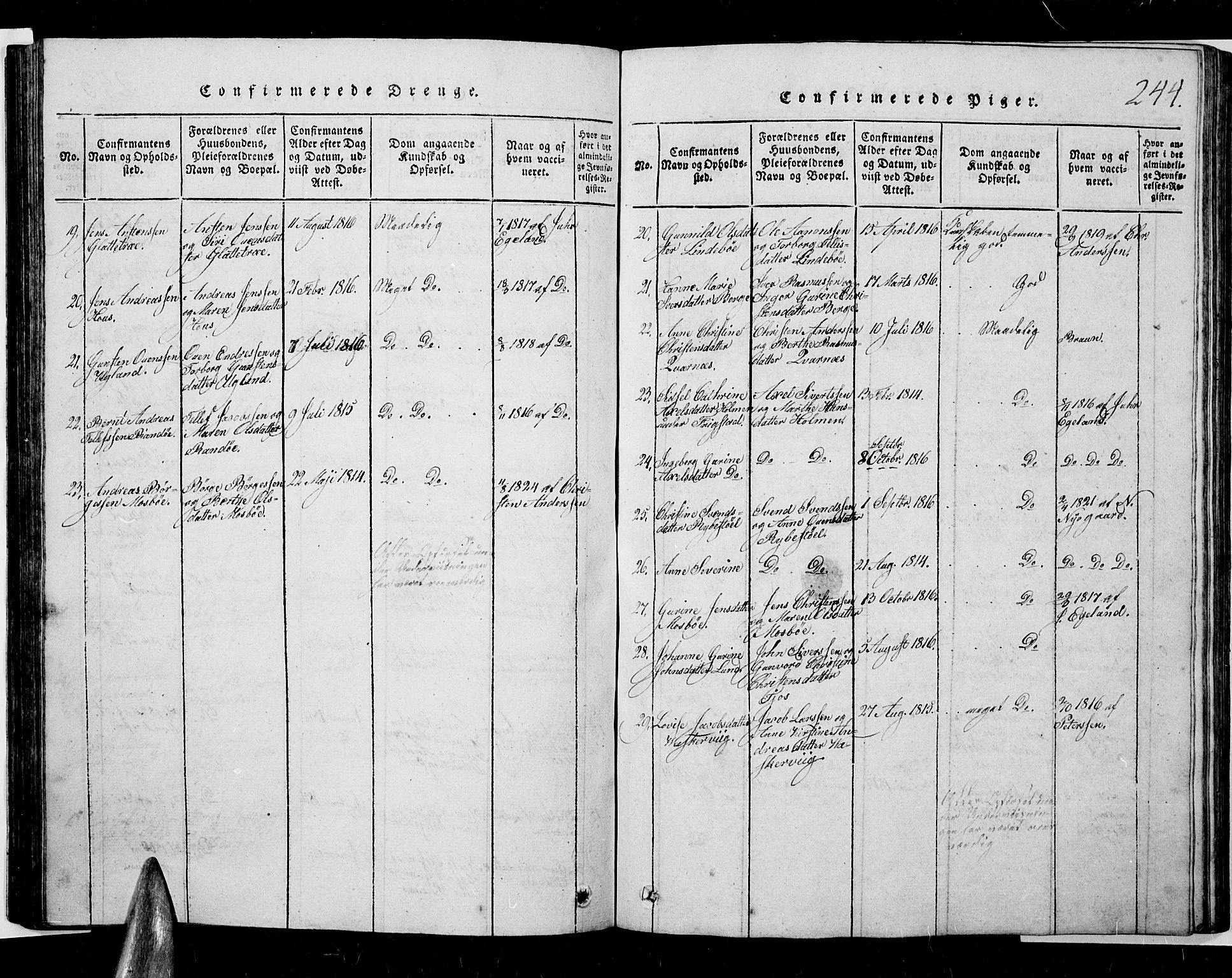 Oddernes sokneprestkontor, AV/SAK-1111-0033/F/Fb/Fba/L0003: Parish register (copy) no. B 3, 1820-1838, p. 244