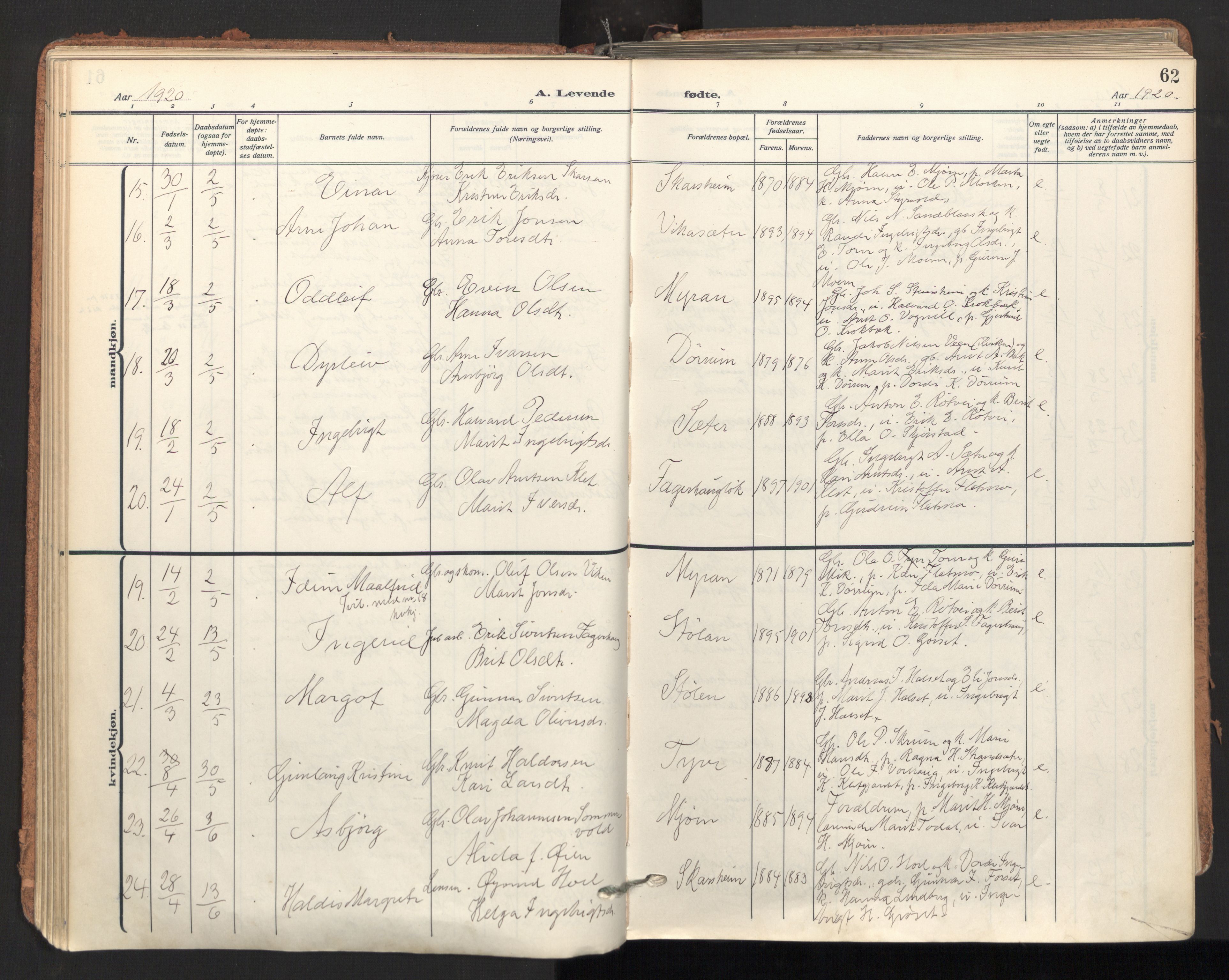 Ministerialprotokoller, klokkerbøker og fødselsregistre - Sør-Trøndelag, SAT/A-1456/678/L0909: Parish register (official) no. 678A17, 1912-1930, p. 62