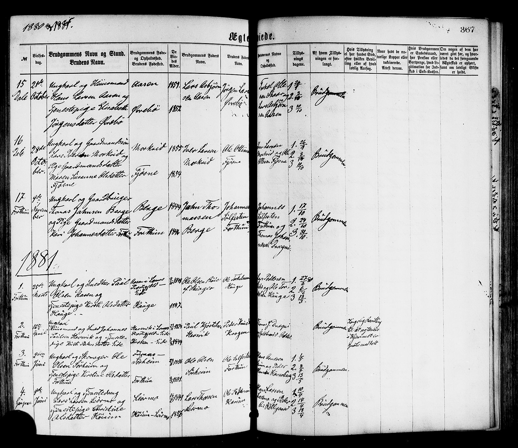 Luster sokneprestembete, SAB/A-81101/H/Haa/Haaa/L0010: Parish register (official) no. A 10, 1871-1886, p. 367