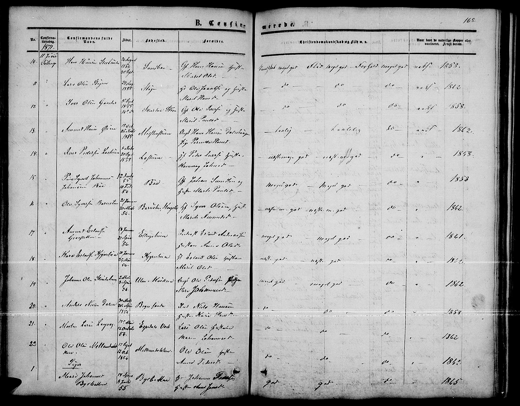 Nord-Fron prestekontor, AV/SAH-PREST-080/H/Ha/Hab/L0001: Parish register (copy) no. 1, 1851-1883, p. 168