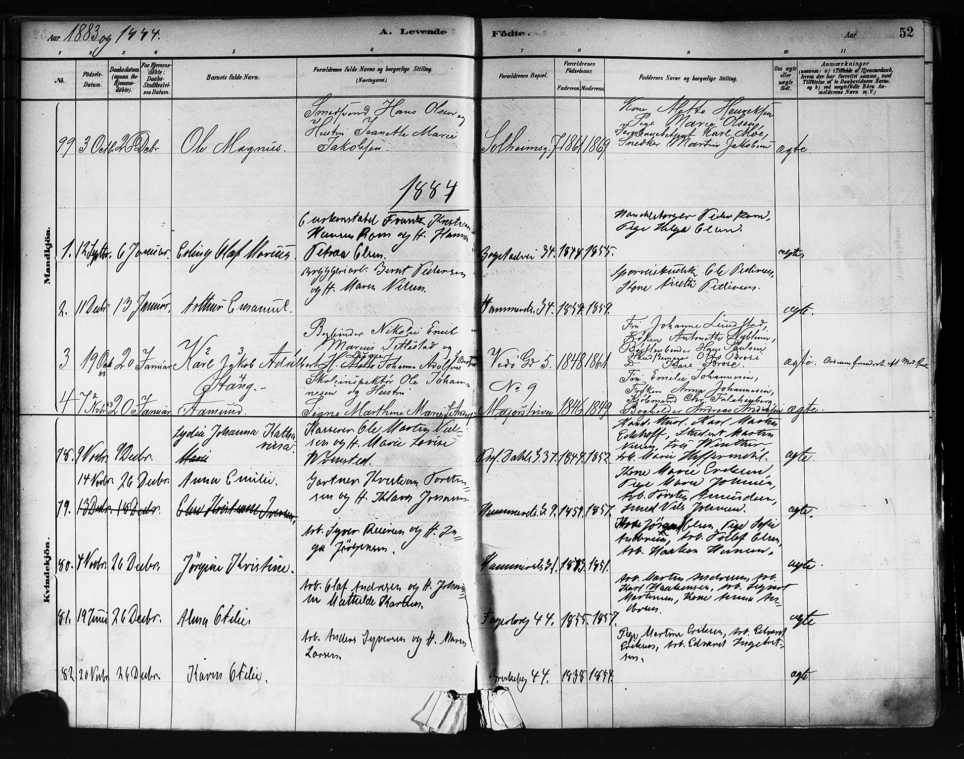 Uranienborg prestekontor Kirkebøker, AV/SAO-A-10877/F/Fa/L0001: Parish register (official) no. I 1, 1880-1895, p. 52