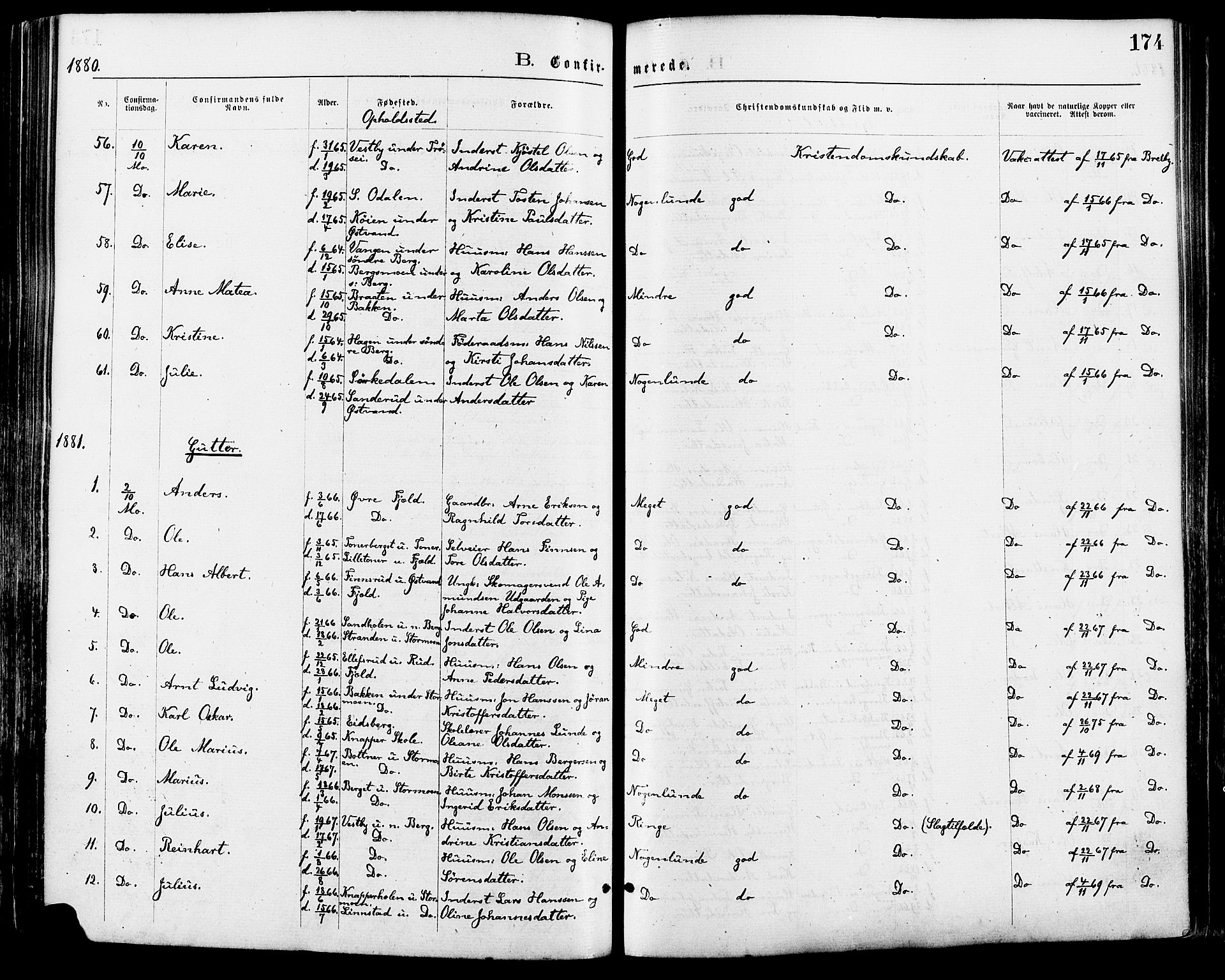 Nord-Odal prestekontor, SAH/PREST-032/H/Ha/Haa/L0005: Parish register (official) no. 5, 1874-1885, p. 174