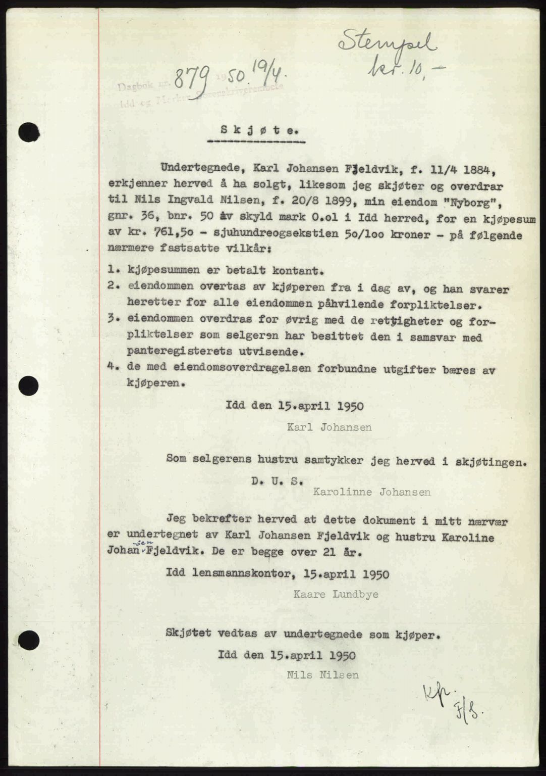 Idd og Marker sorenskriveri, AV/SAO-A-10283/G/Gb/Gbb/L0014: Mortgage book no. A14, 1950-1950, Diary no: : 879/1950