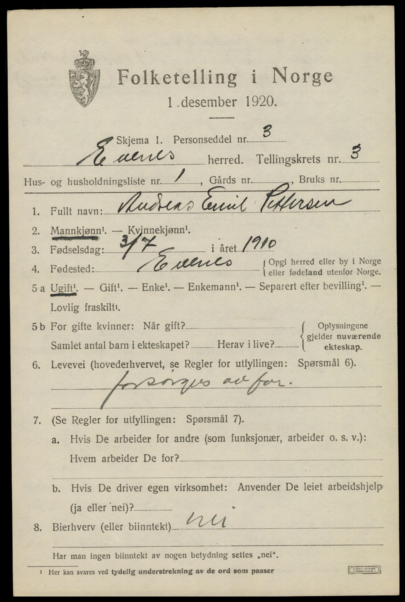 SAT, 1920 census for Evenes, 1920, p. 2956