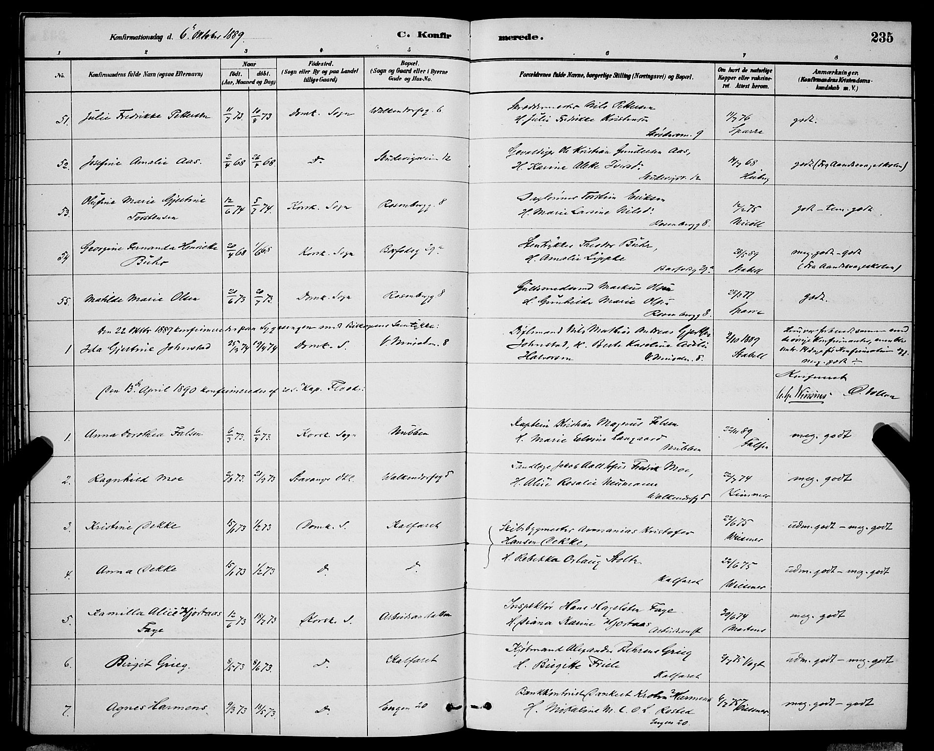Domkirken sokneprestembete, SAB/A-74801/H/Hab/L0024: Parish register (copy) no. C 4, 1880-1899, p. 235