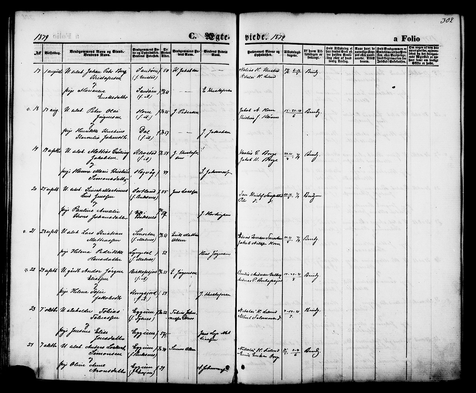 Ministerialprotokoller, klokkerbøker og fødselsregistre - Nordland, AV/SAT-A-1459/880/L1132: Parish register (official) no. 880A06, 1869-1887, p. 302