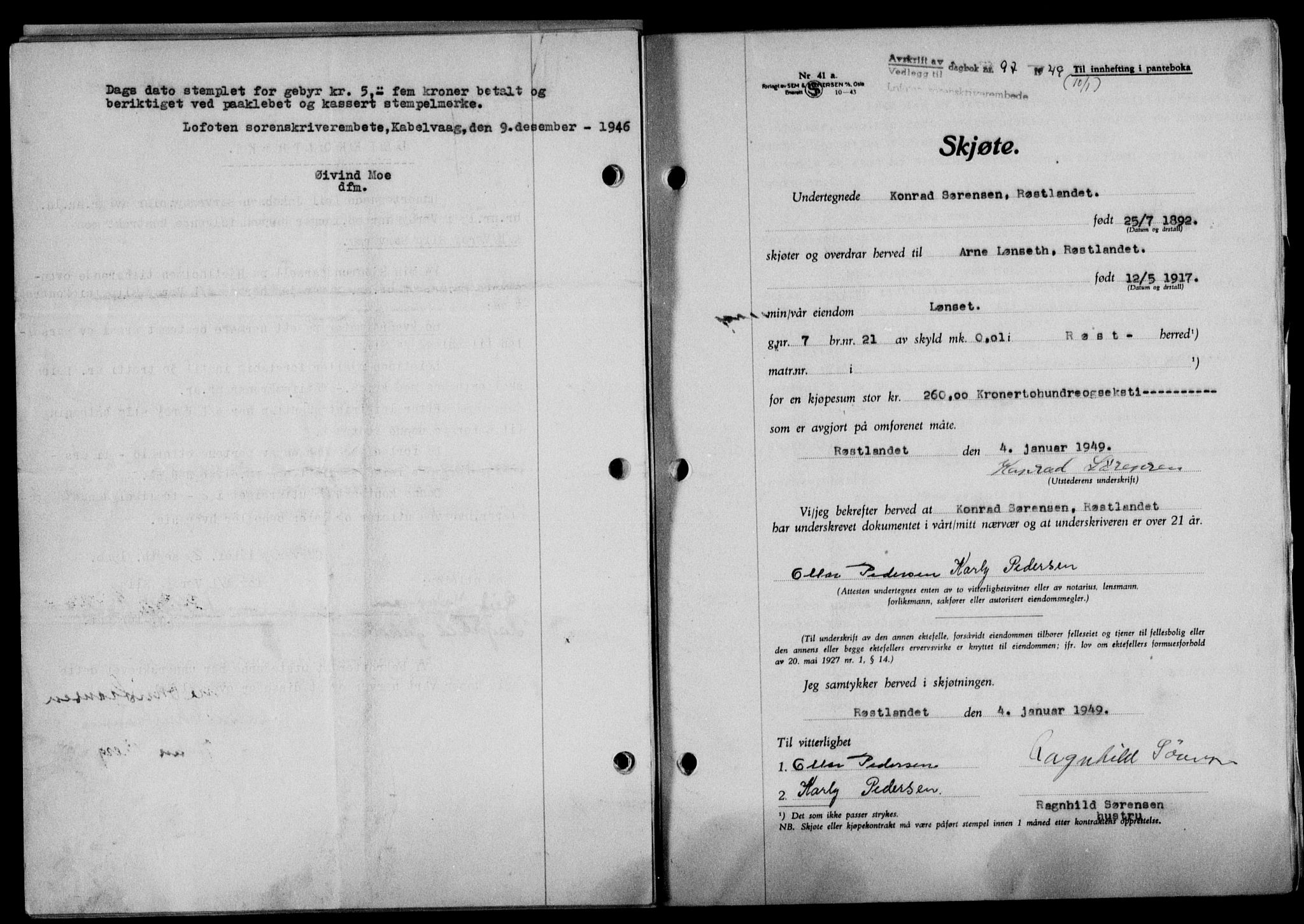 Lofoten sorenskriveri, SAT/A-0017/1/2/2C/L0020a: Mortgage book no. 20a, 1948-1949, Diary no: : 97/1949