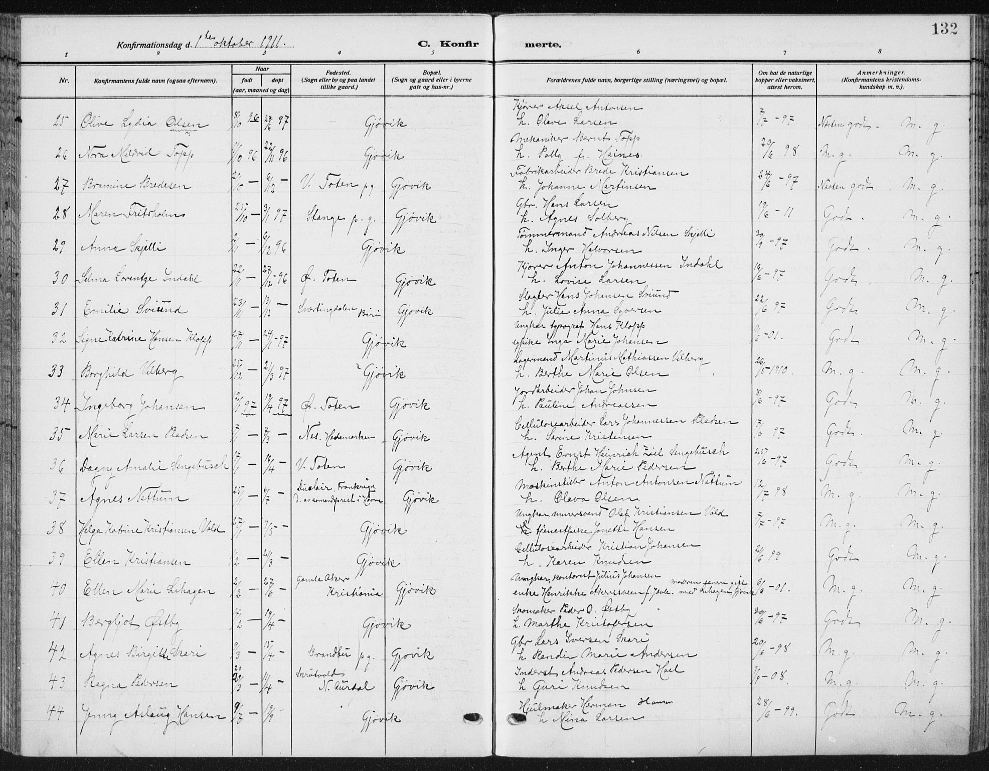Vardal prestekontor, AV/SAH-PREST-100/H/Ha/Haa/L0014: Parish register (official) no. 14, 1912-1922, p. 132