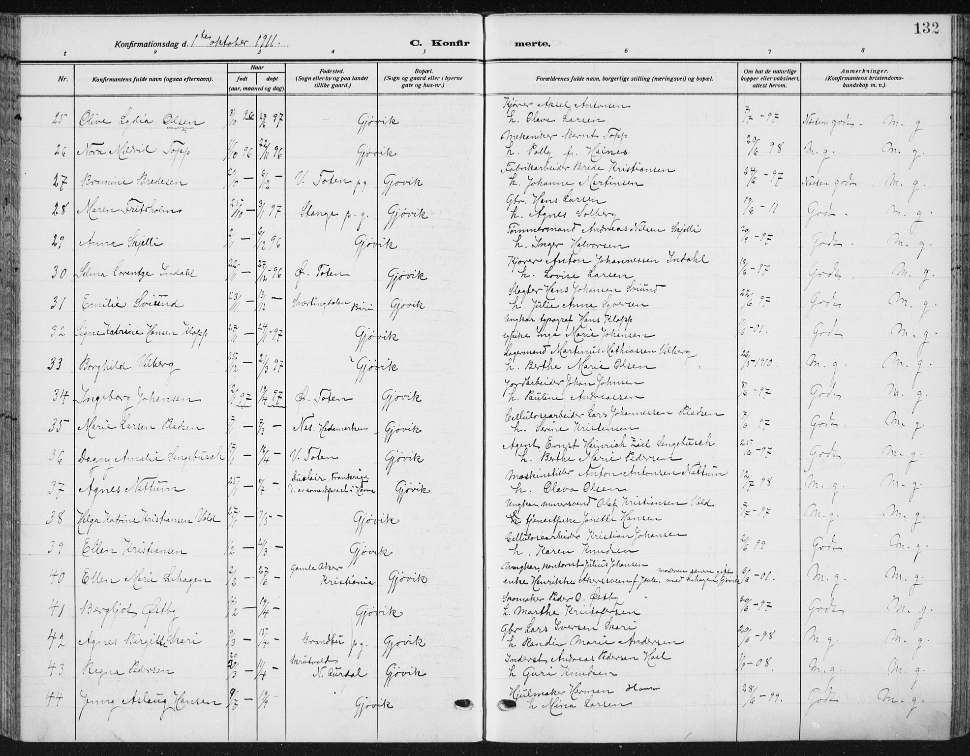 Vardal prestekontor, SAH/PREST-100/H/Ha/Haa/L0014: Parish register (official) no. 14, 1912-1922, p. 132