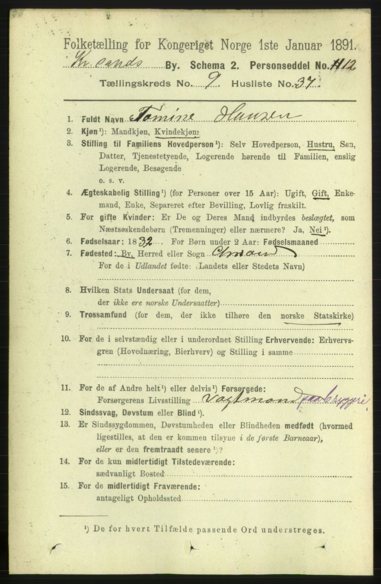 RA, 1891 census for 1001 Kristiansand, 1891, p. 5291