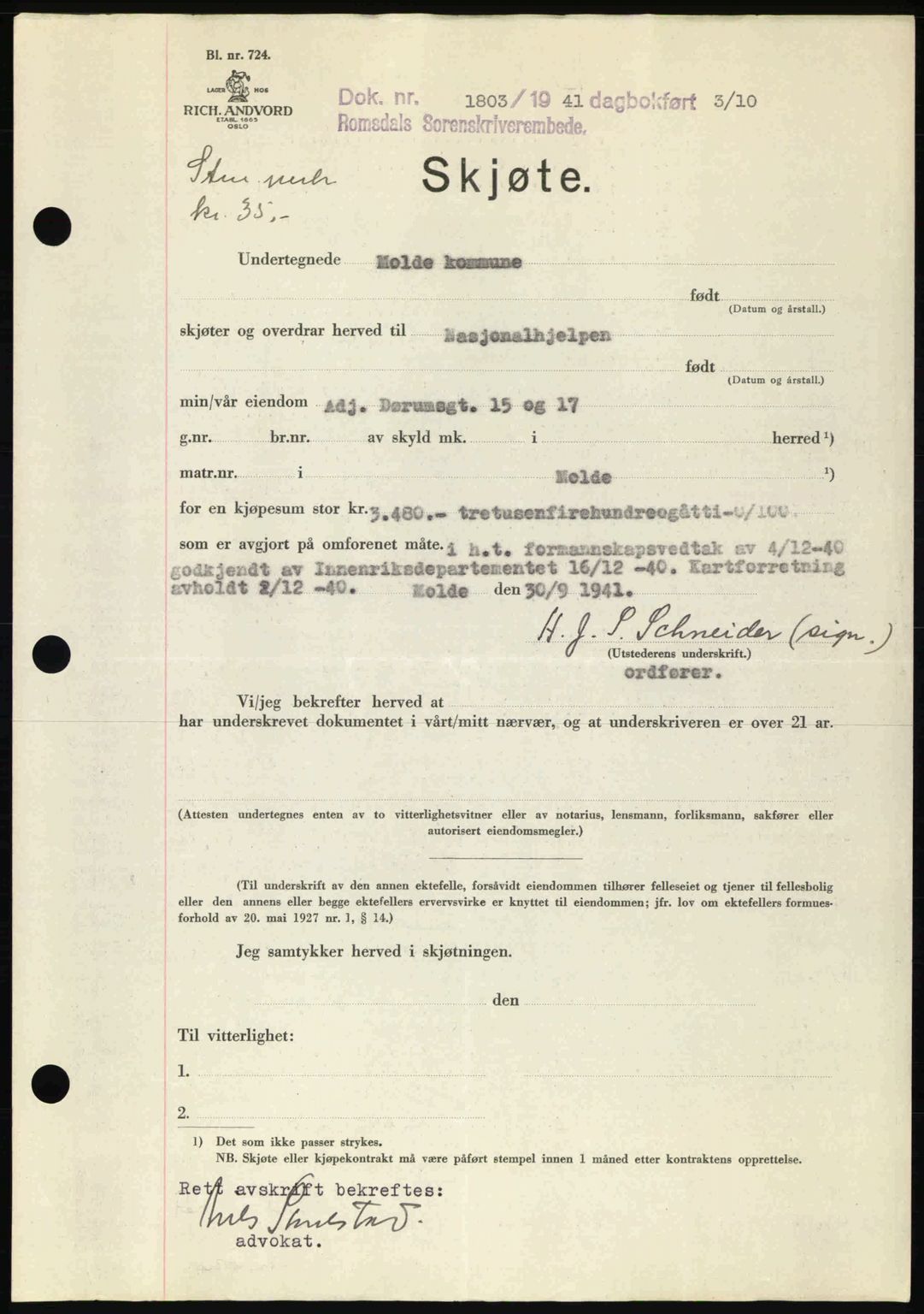 Romsdal sorenskriveri, AV/SAT-A-4149/1/2/2C: Mortgage book no. A11, 1941-1942, Diary no: : 1803/1941