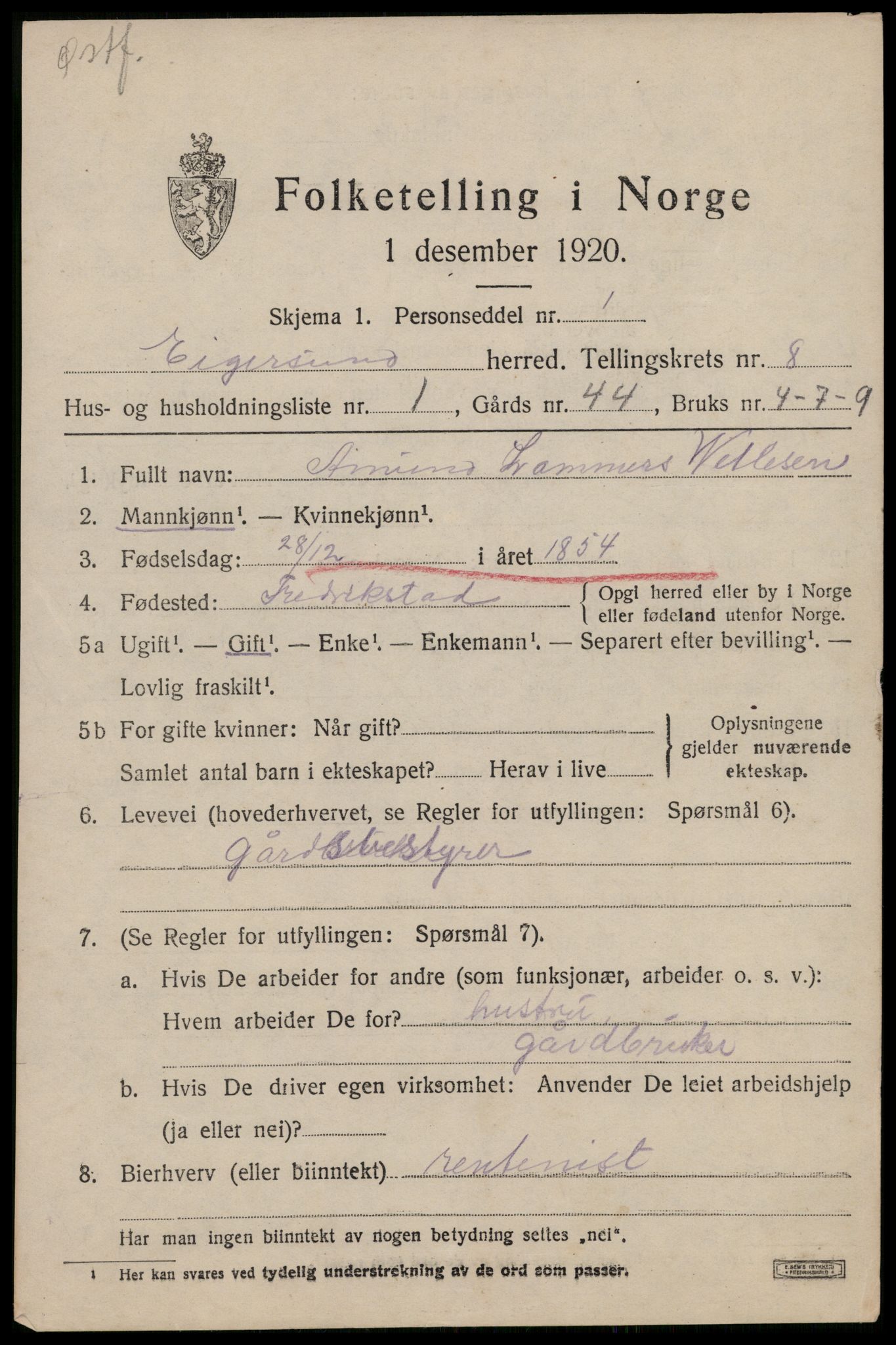 SAST, 1920 census for Eigersund, 1920, p. 5051