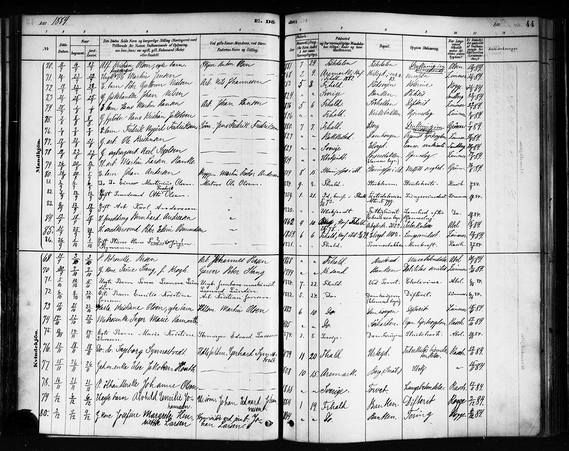 Halden prestekontor Kirkebøker, SAO/A-10909/F/Fa/L0012: Parish register (official) no. I 12, 1878-1889, p. 44