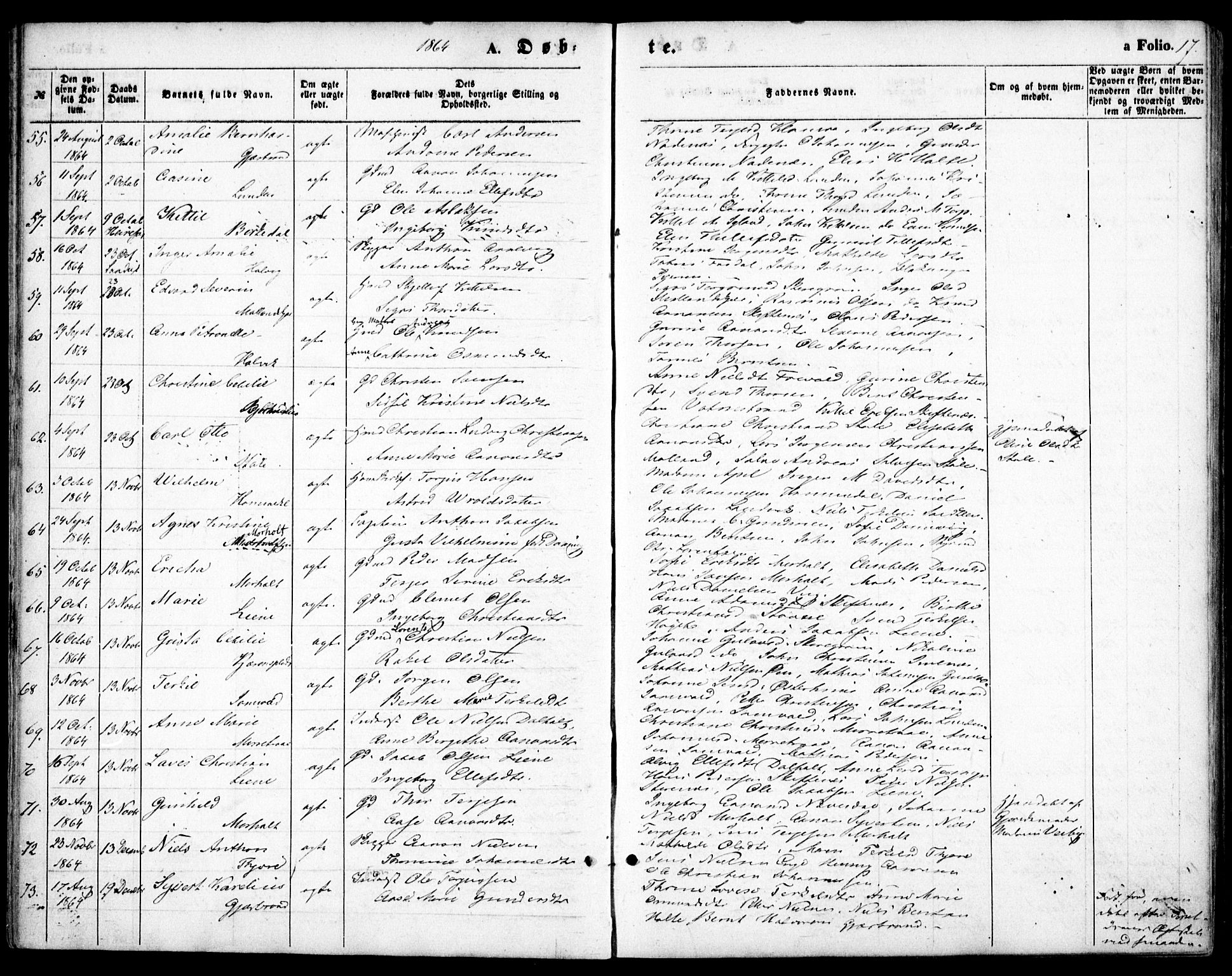 Hommedal sokneprestkontor, AV/SAK-1111-0023/F/Fa/Fab/L0005: Parish register (official) no. A 5, 1861-1877, p. 17