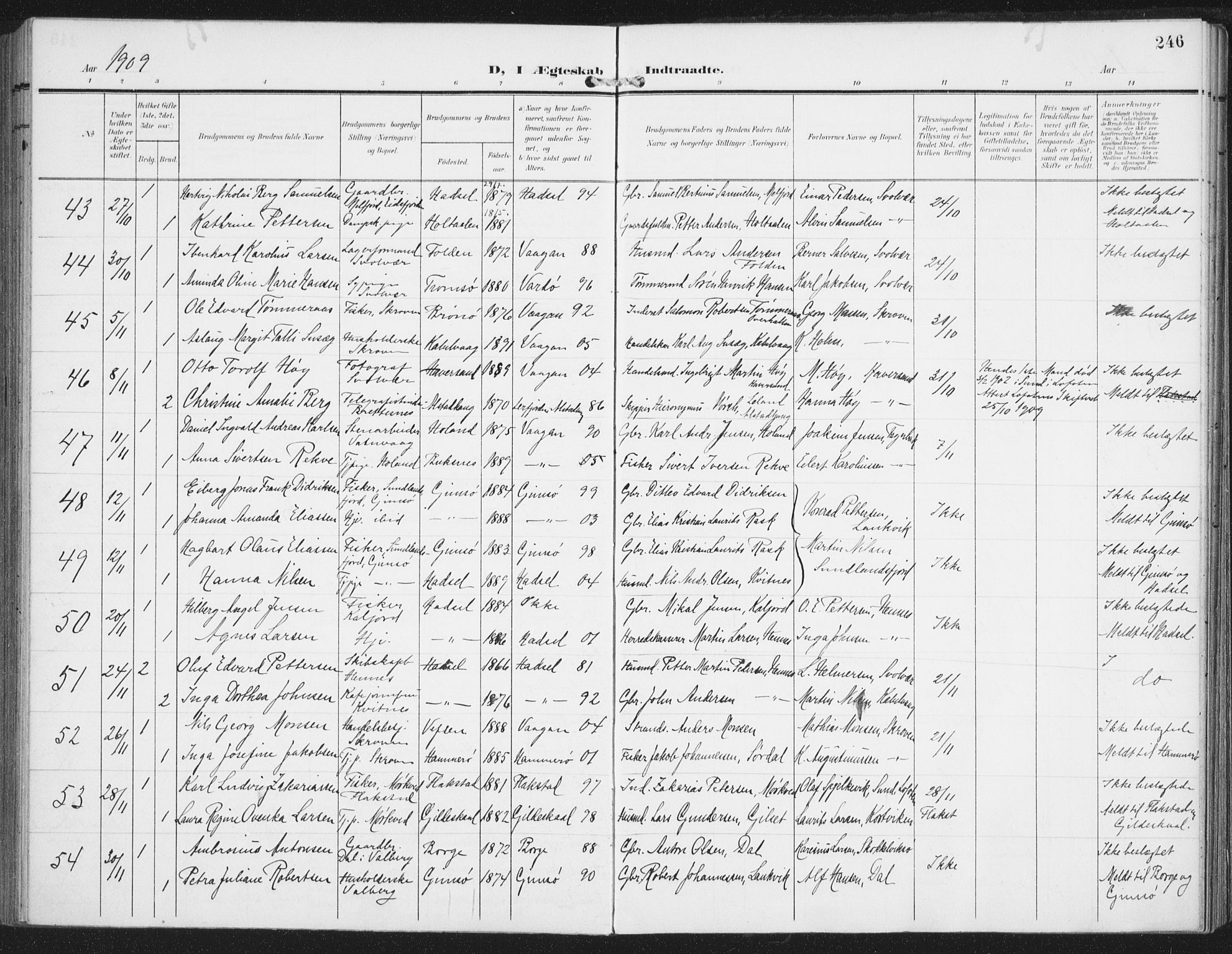 Ministerialprotokoller, klokkerbøker og fødselsregistre - Nordland, SAT/A-1459/874/L1063: Parish register (official) no. 874A07, 1907-1915, p. 246