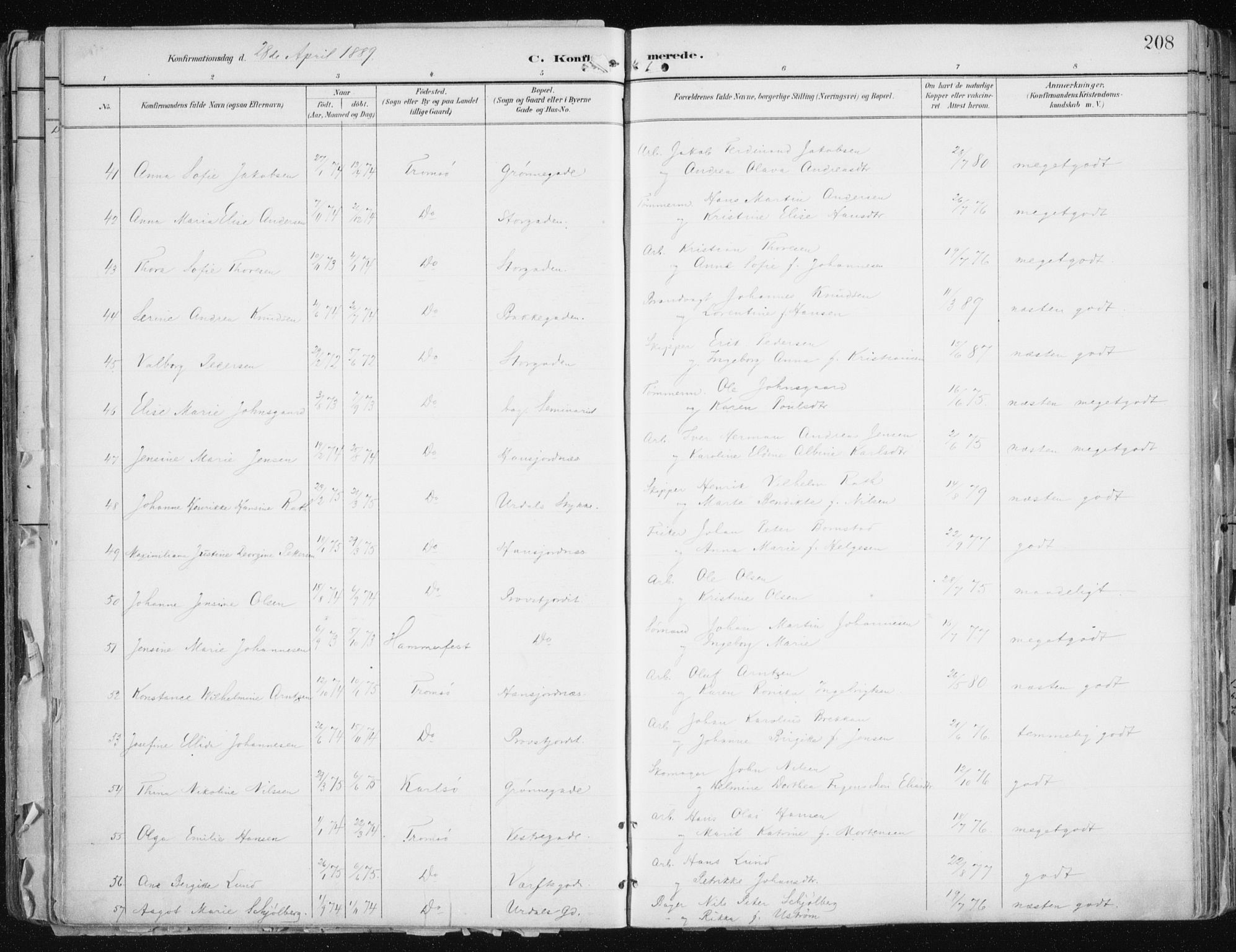 Tromsø sokneprestkontor/stiftsprosti/domprosti, AV/SATØ-S-1343/G/Ga/L0015kirke: Parish register (official) no. 15, 1889-1899, p. 208