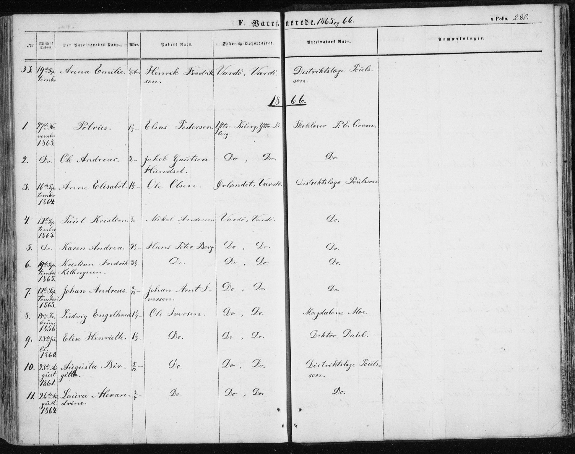 Vardø sokneprestkontor, SATØ/S-1332/H/Ha/L0004kirke: Parish register (official) no. 4, 1862-1871, p. 280