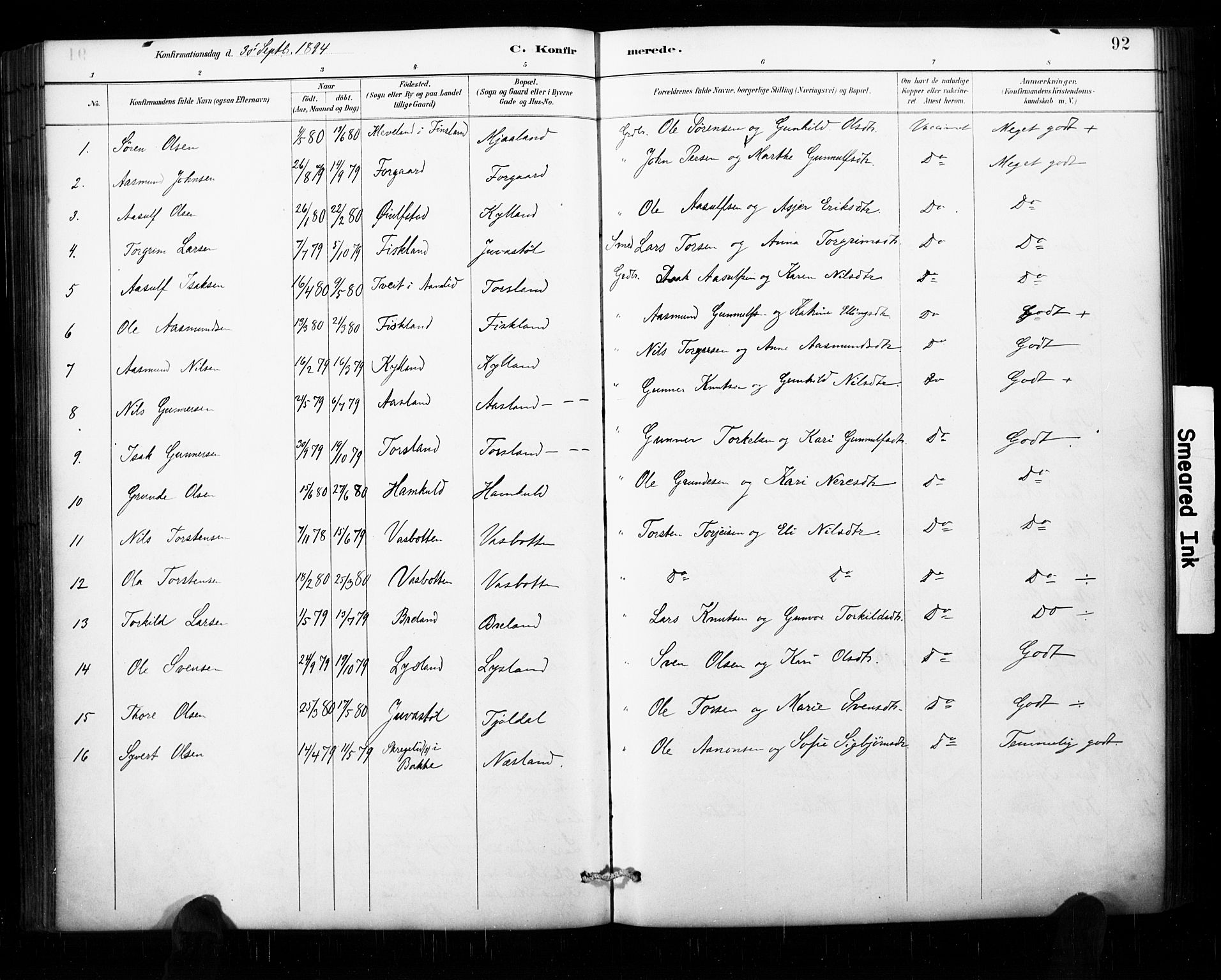 Åseral sokneprestkontor, AV/SAK-1111-0051/F/Fa/L0003: Parish register (official) no. A 3, 1884-1901, p. 92