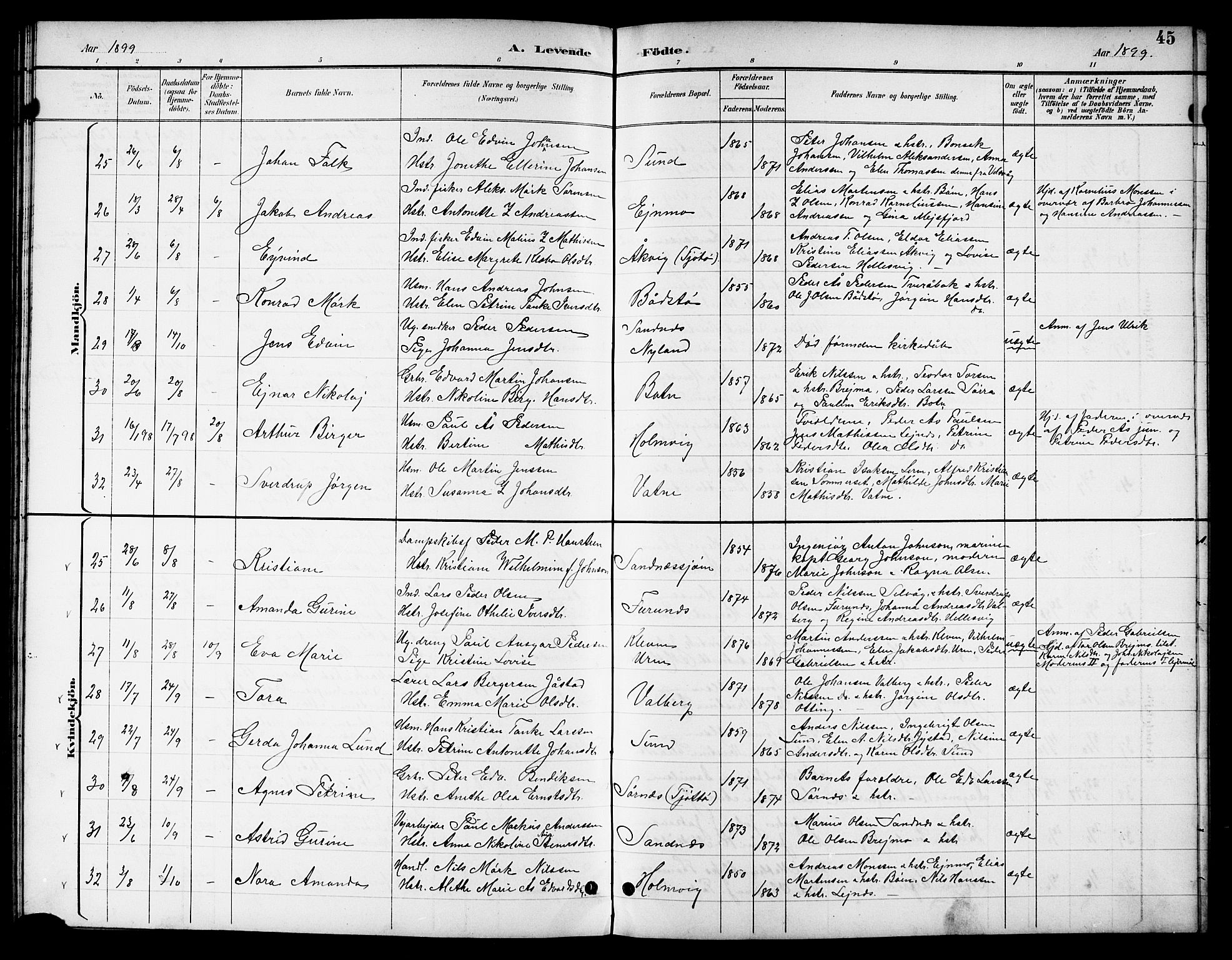 Ministerialprotokoller, klokkerbøker og fødselsregistre - Nordland, AV/SAT-A-1459/831/L0478: Parish register (copy) no. 831C05, 1892-1909, p. 45