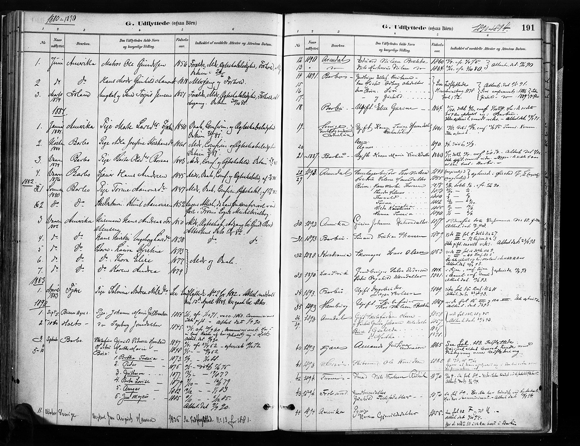 Austre Moland sokneprestkontor, SAK/1111-0001/F/Fa/Faa/L0010: Parish register (official) no. A 10, 1880-1904, p. 191