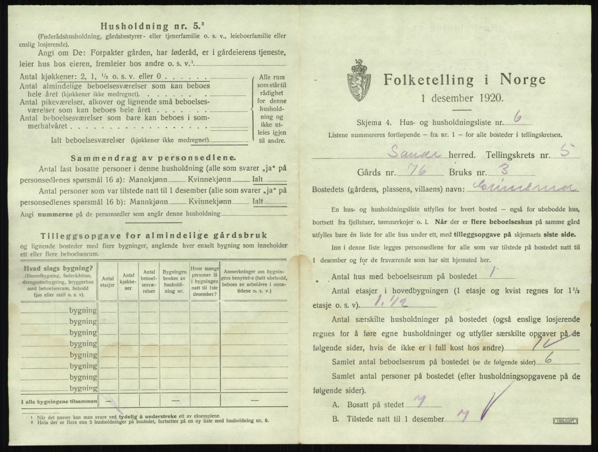 SAKO, 1920 census for Sande, 1920, p. 865