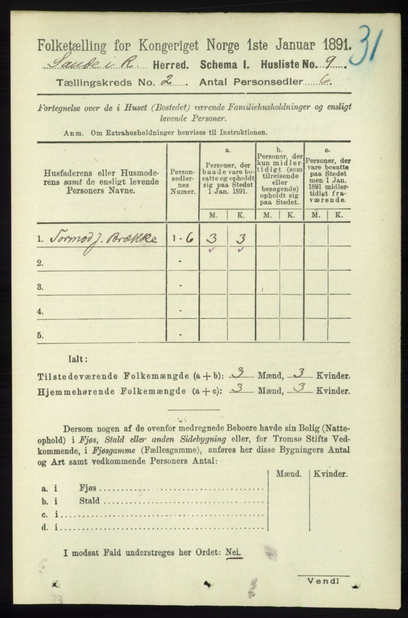 RA, 1891 census for 1135 Sauda, 1891, p. 532