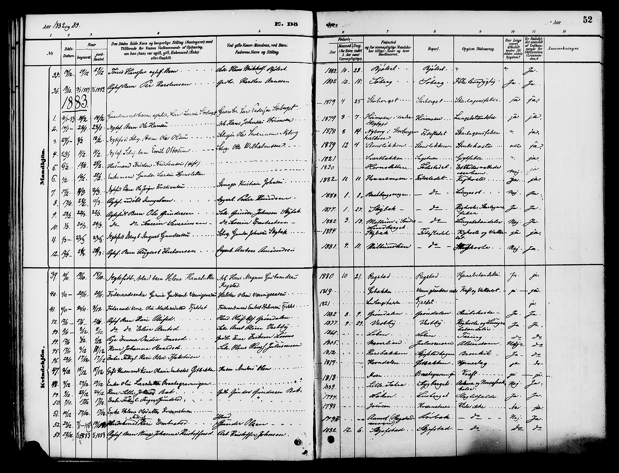 Elverum prestekontor, AV/SAH-PREST-044/H/Ha/Haa/L0012: Parish register (official) no. 12, 1880-1893, p. 52