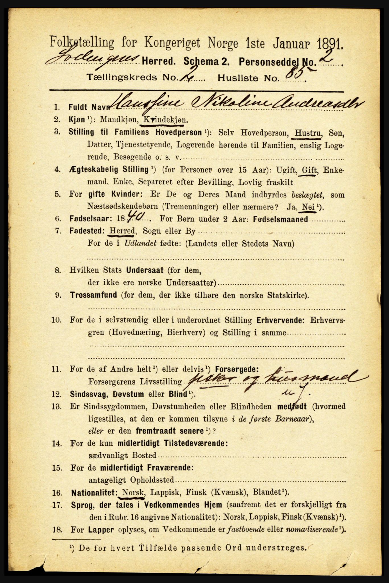 RA, 1891 census for 1851 Lødingen, 1891, p. 1285