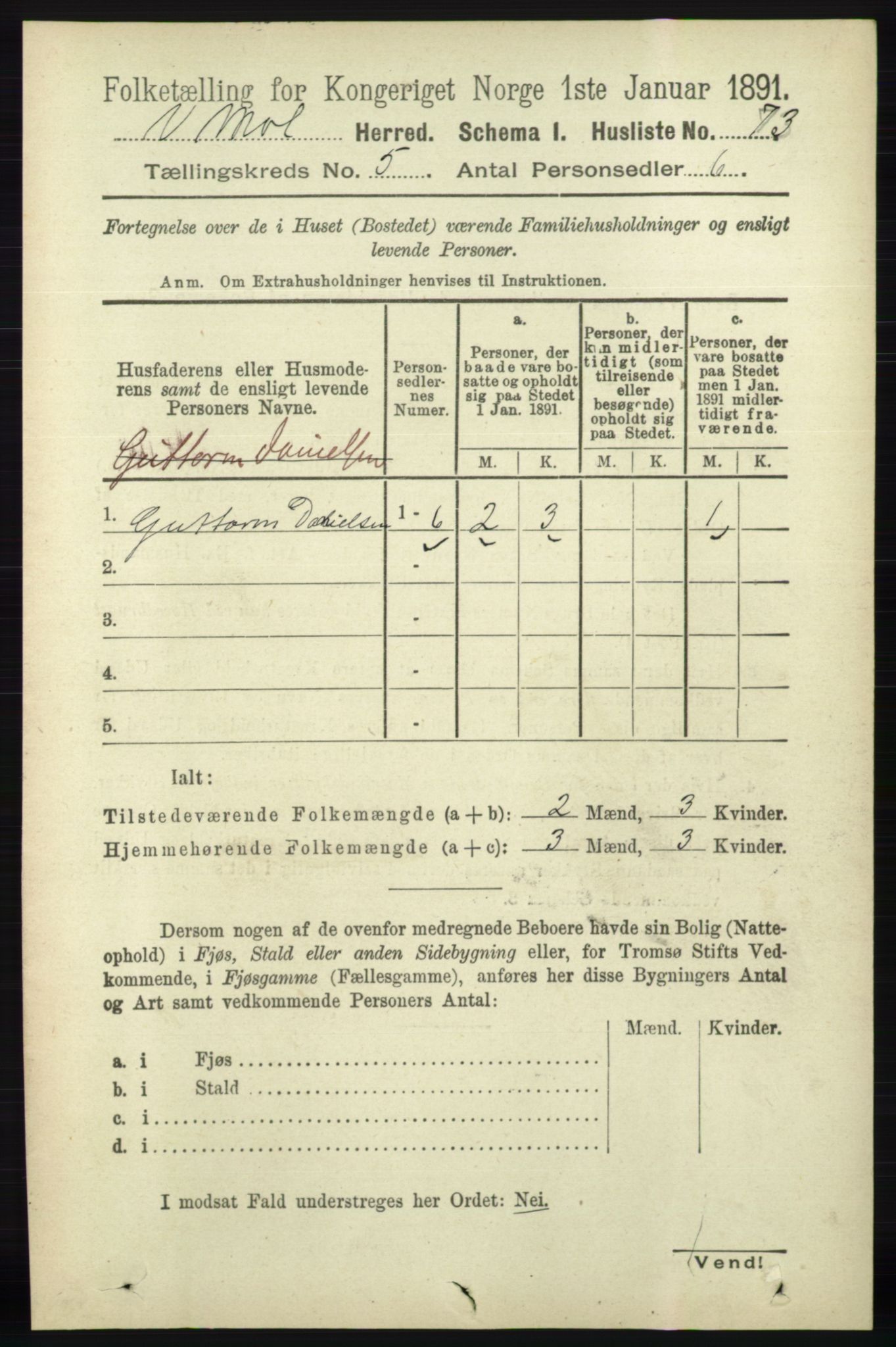 RA, 1891 census for 0926 Vestre Moland, 1891, p. 1832