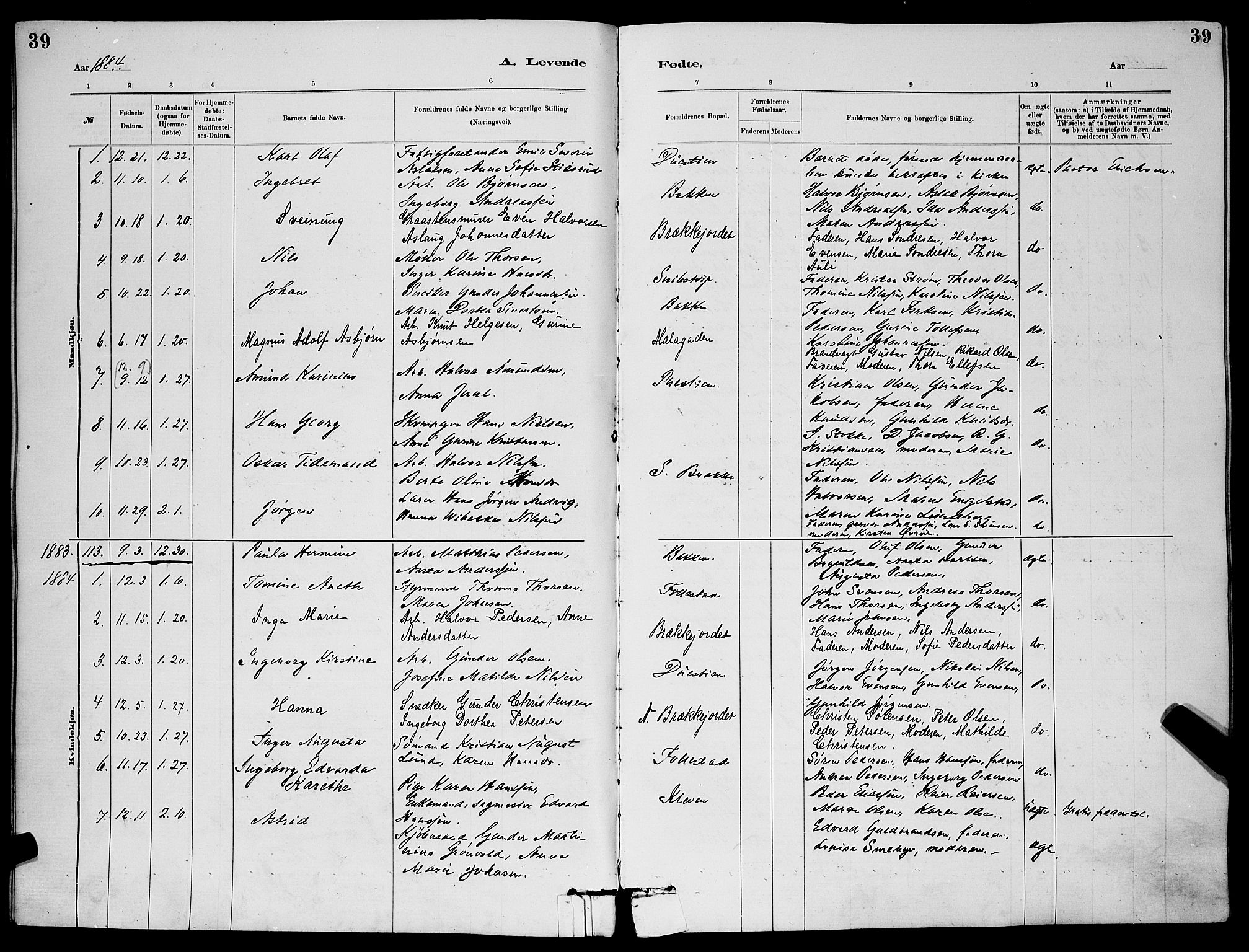Skien kirkebøker, SAKO/A-302/G/Ga/L0006: Parish register (copy) no. 6, 1881-1890, p. 39