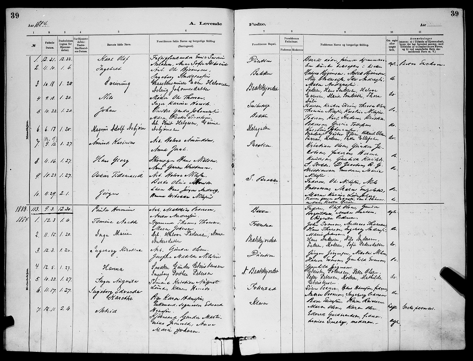 Skien kirkebøker, AV/SAKO-A-302/G/Ga/L0006: Parish register (copy) no. 6, 1881-1890, p. 39