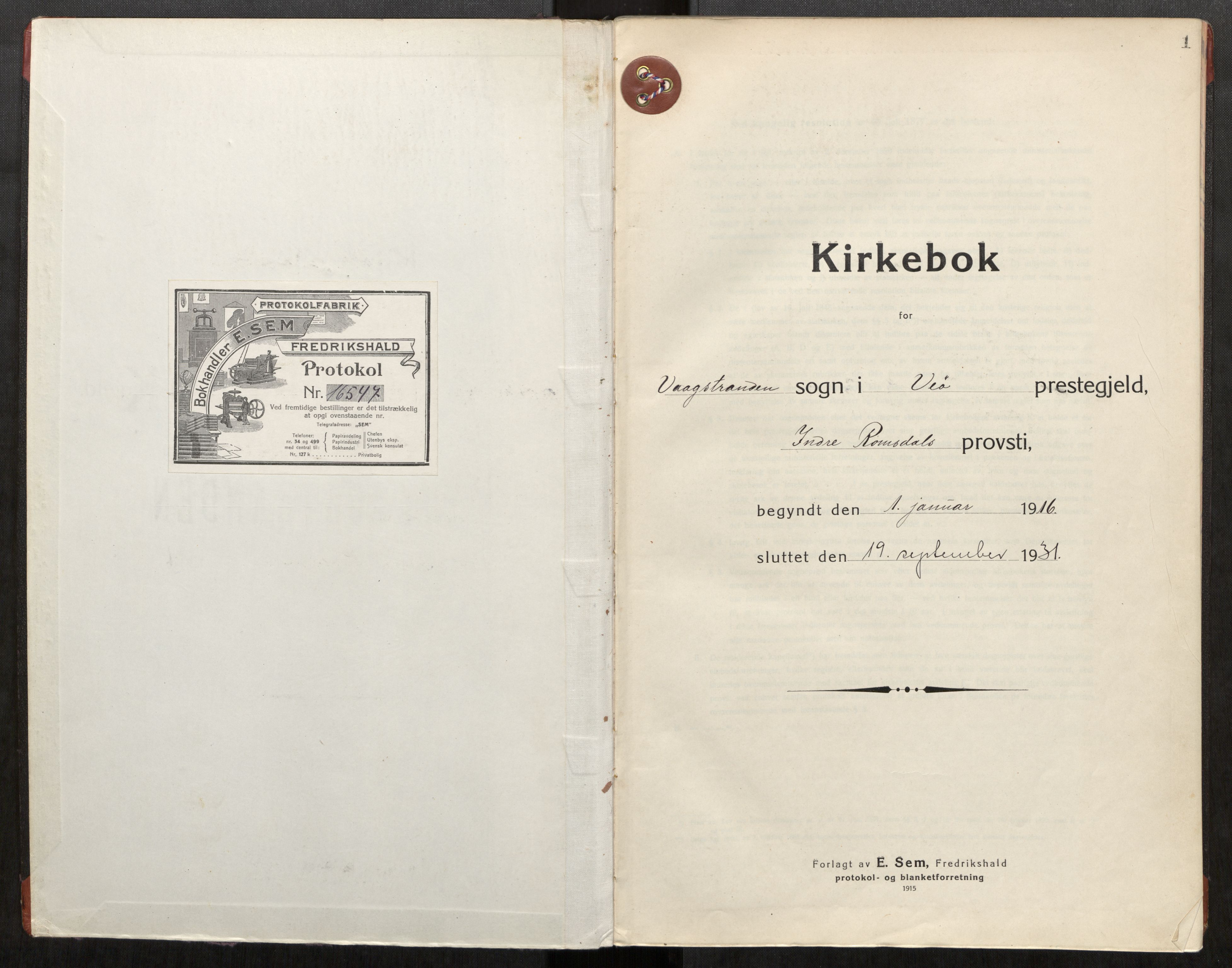 Ministerialprotokoller, klokkerbøker og fødselsregistre - Møre og Romsdal, SAT/A-1454/550/L0622: Parish register (official) no. 550A02, 1916-1931, p. 1