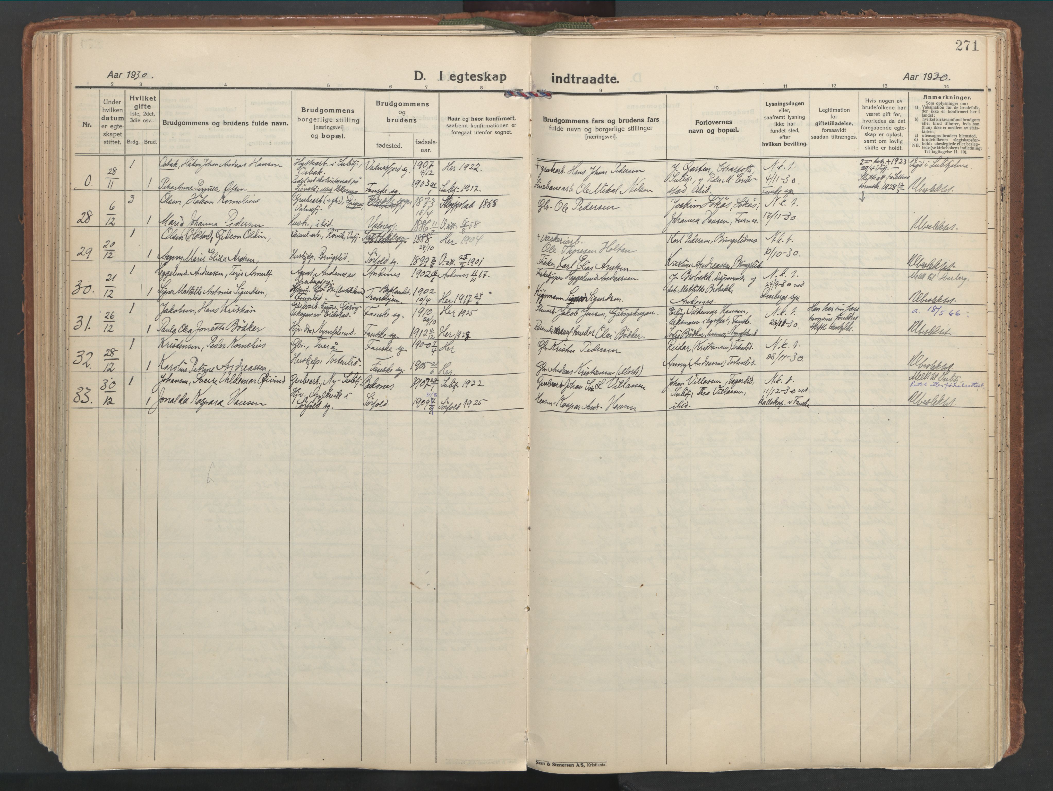 Ministerialprotokoller, klokkerbøker og fødselsregistre - Nordland, AV/SAT-A-1459/849/L0699: Parish register (official) no. 849A10, 1924-1937, p. 271